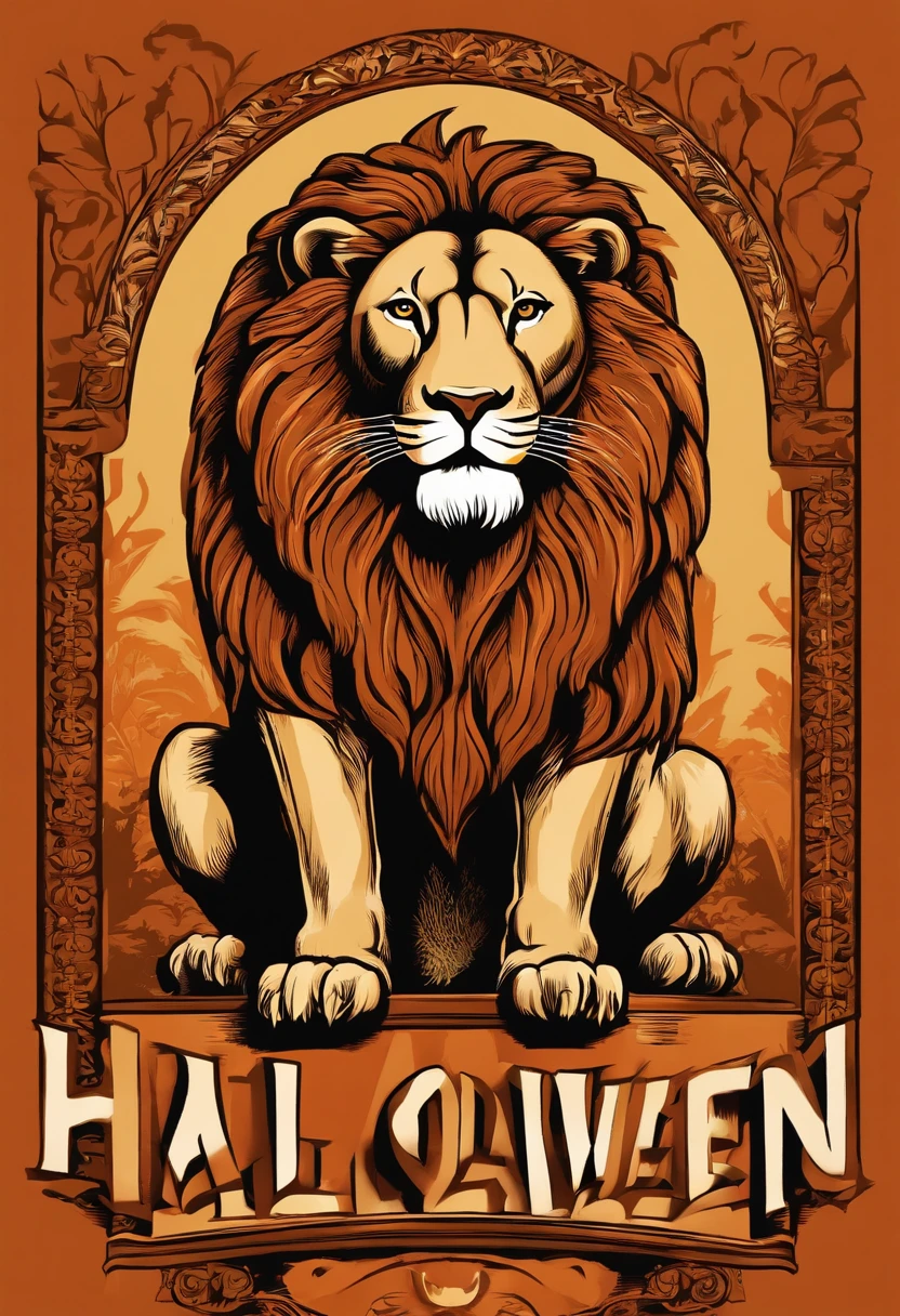 Color illustration of a well-muscled lion on its hind legs, its stance proud and dominant with its paws positioned assertively. The lion is accompanied by the phrase 'HAPPY HALLOWEEN' in bold letters.