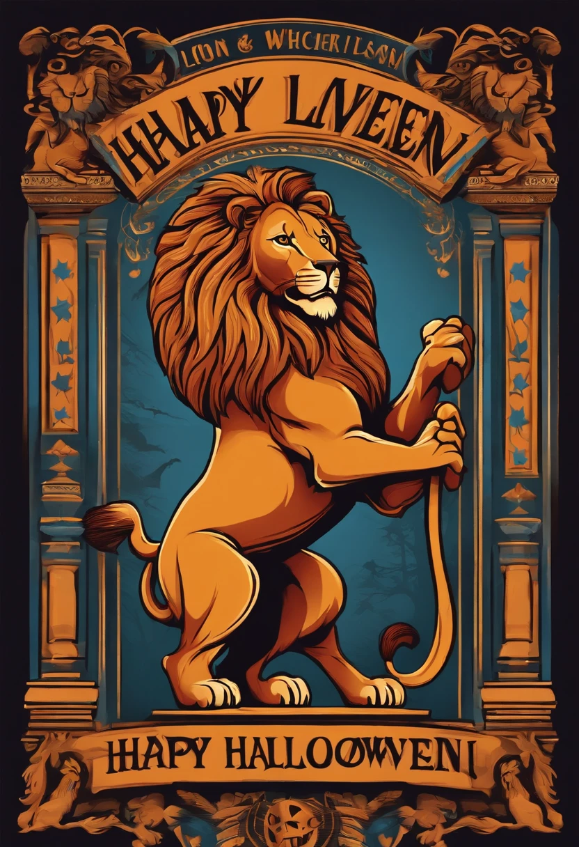 Color illustration of a well-muscled lion on its hind legs, its stance proud and dominant with its paws positioned assertively. The lion is accompanied by the phrase 'HAPPY HALLOWEEN' in bold letters.
