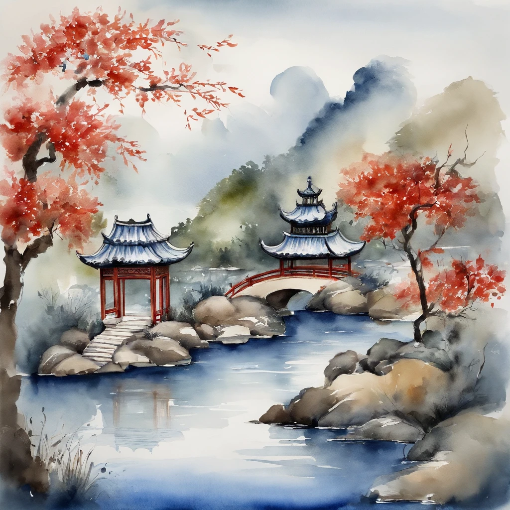 Chinese Garden,Lacquer painting elements,Minimalist elements,the watercolor style,Blue and white porcelain