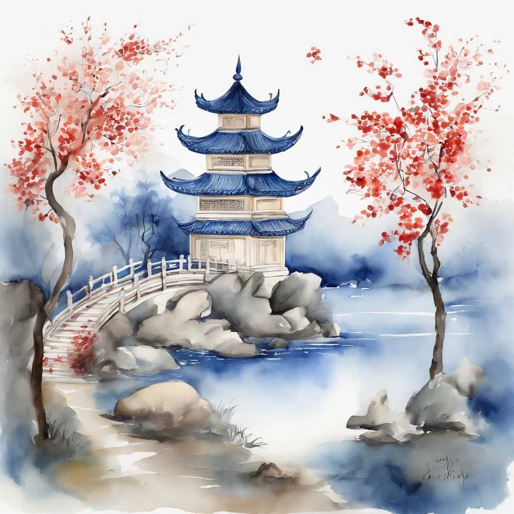 Chinese Garden,Lacquer painting elements,Minimalist elements,the watercolor style,Blue and white porcelain