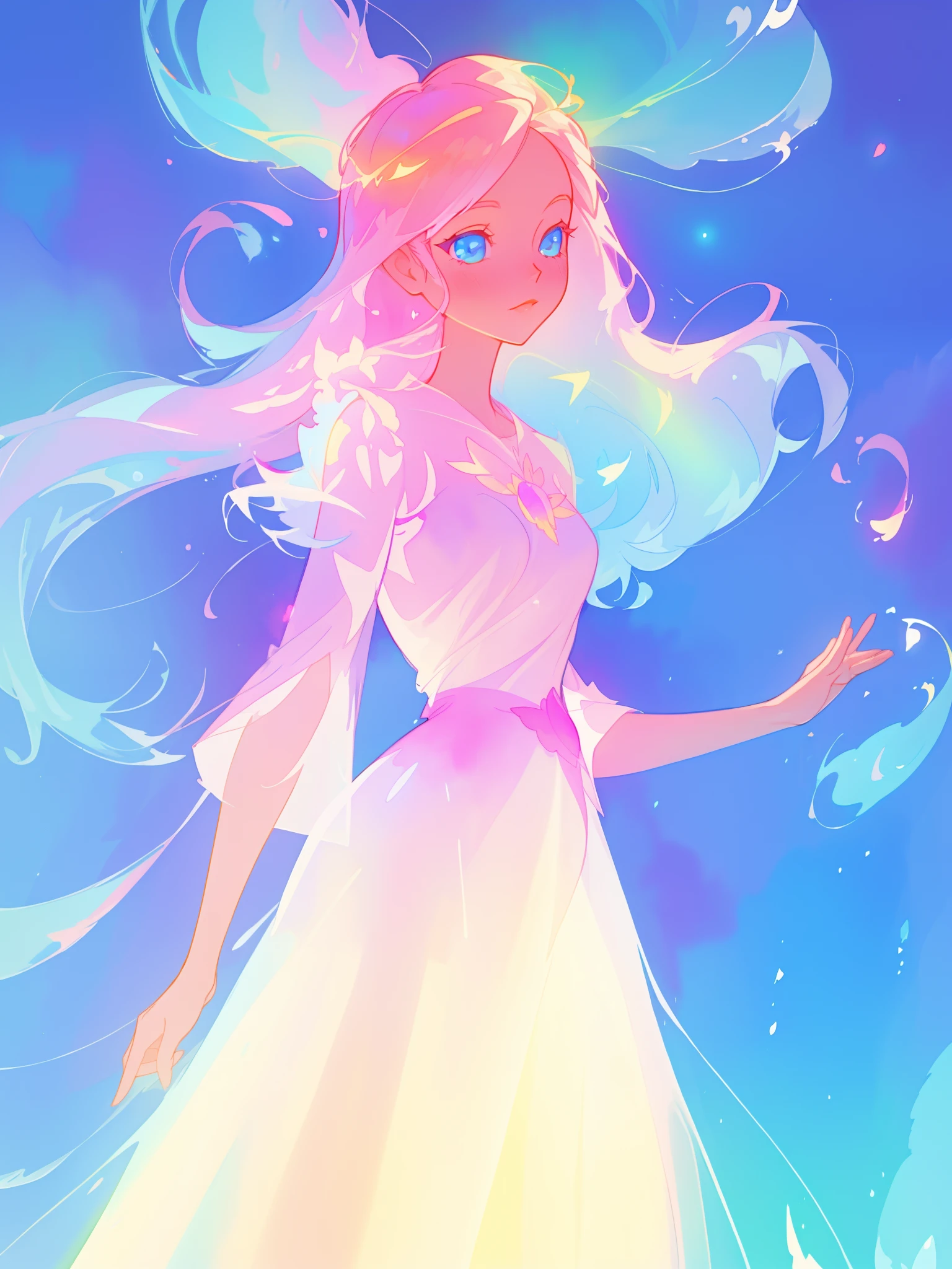 beautiful girl in white dress, fairy dress, long colorful liquid hair, watercolor illustration, inspired by Glen Keane, inspired by Lois van Baarle, disney art style, by Lois van Baarle, glowing aura around her, by Glen Keane, jen bartel, glowing lights! digital painting, flowing glowing hair, glowing flowing hair, beautiful digital illustration, fantasia otherworldly landscape plants flowers, beautiful, masterpiece, best quality, anime disney style