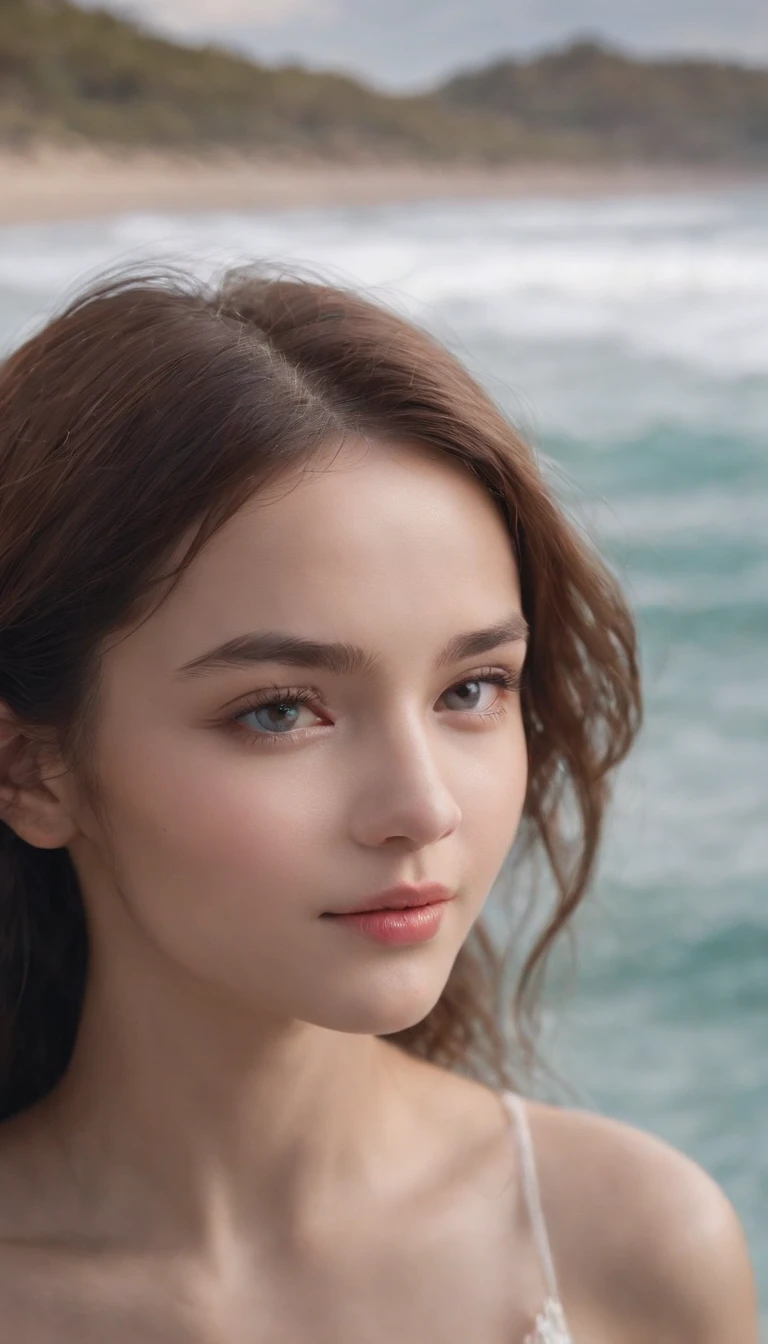 art by Cornflower, Dreamy, (A petite figure，Girl with beautiful eyes. The depth of field in the photo was perfect, and the lens flare added a nice touch. The meticulous facial features on her face are really prominent, And the score of this photo is definitely greater than 10. in the background, There is a beautiful ocean，The sea is crystal clear，There are water droplets on the surface of the water. It's a stunning photo，Really captured the beauty of the girl and the water.)