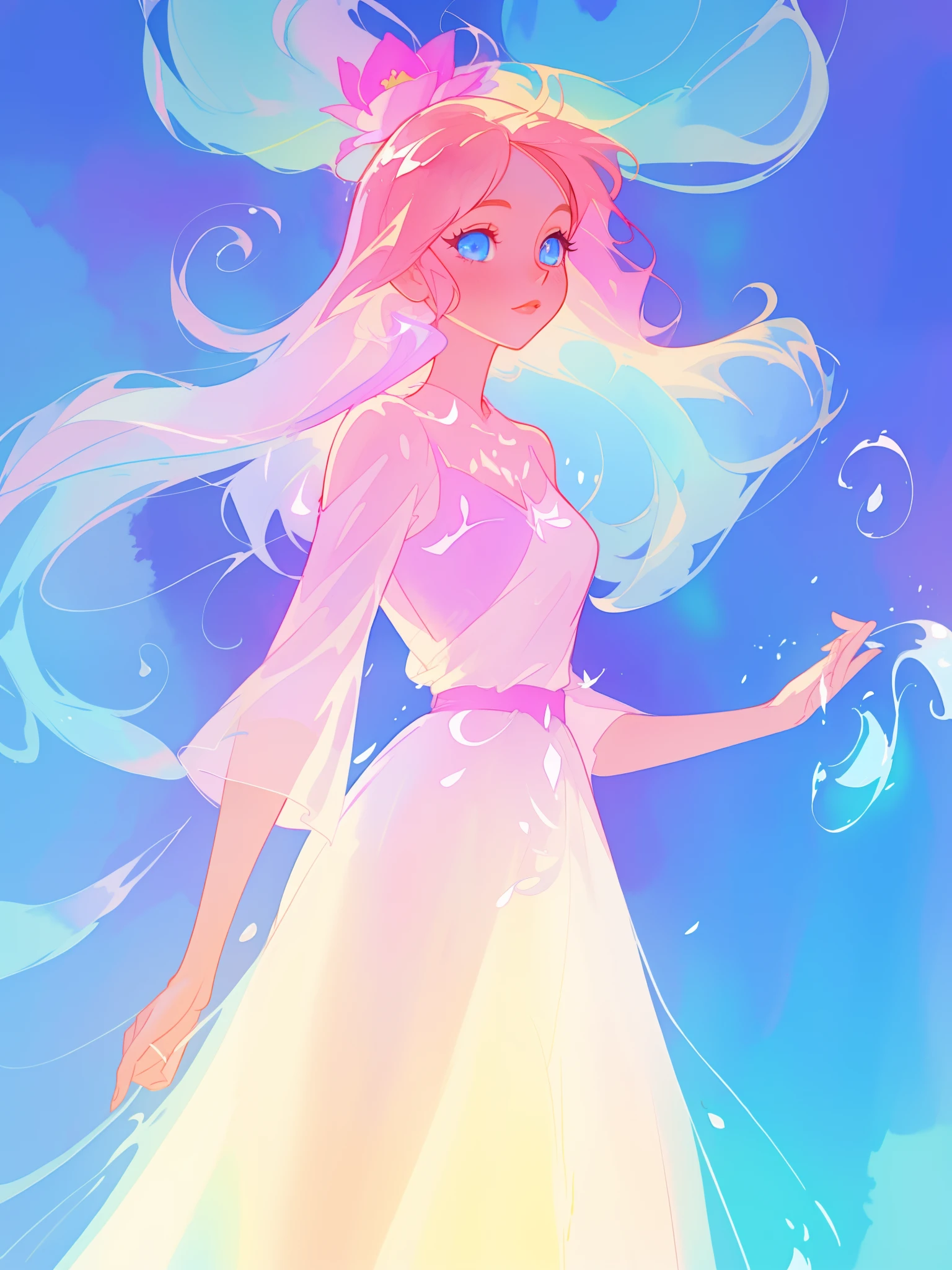 beautiful girl in white dress, fairy dress, long colorful liquid hair, watercolor illustration, inspired by Glen Keane, inspired by Lois van Baarle, disney art style, by Lois van Baarle, glowing aura around her, by Glen Keane, jen bartel, glowing lights! digital painting, flowing glowing hair, glowing flowing hair, beautiful digital illustration, fantasia otherworldly landscape plants flowers, beautiful, masterpiece, best quality, anime disney style
