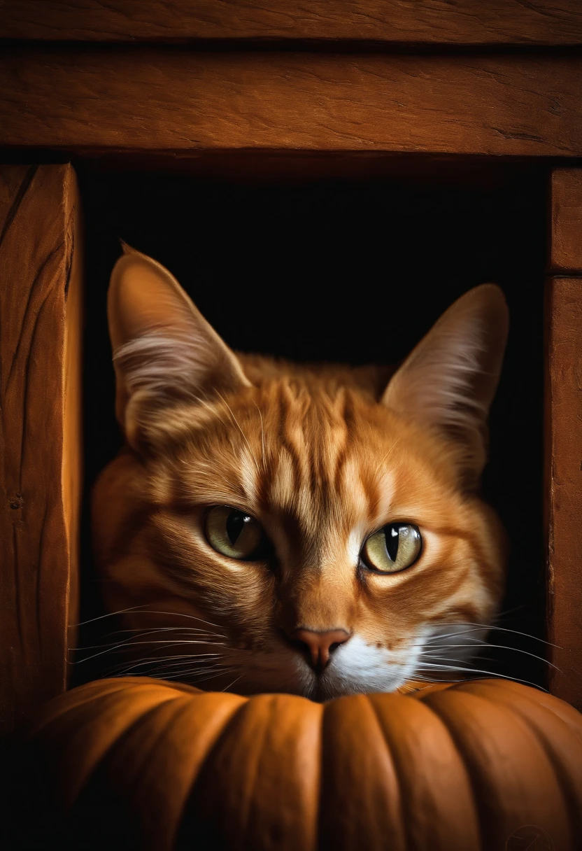 In a photo of a realistic cat mysteriously peeking out from inside a carved pumpkin、beard is twitching.