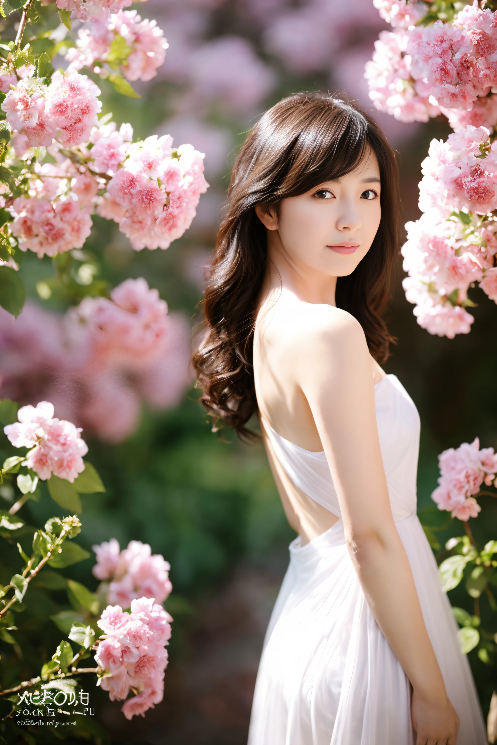 (Photorealsitic:1.1)、42-year-old woman、fullnude、lensflare、natural soft light、back lighting、A dark-haired、Buried in blooming flowers