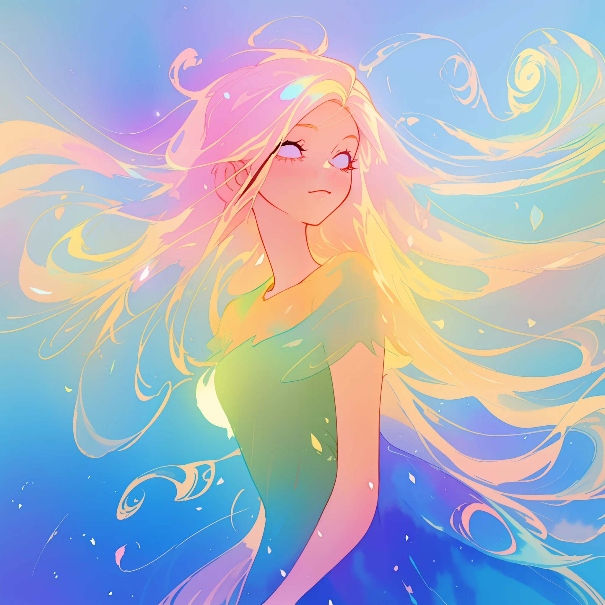 beautiful girl in ombre gradient dress, fairy dress, long golden pink hair, colorful watercolor background, watercolor illustration, inspired by Glen Keane, inspired by Lois van Baarle, disney art style, by Lois van Baarle, glowing aura around her, by Glen Keane, jen bartel, glowing lights! digital painting, flowing glowing hair, glowing flowing hair, beautiful digital illustration, fantasia otherworldly landscape plants flowers, beautiful, masterpiece, best quality, anime disney style