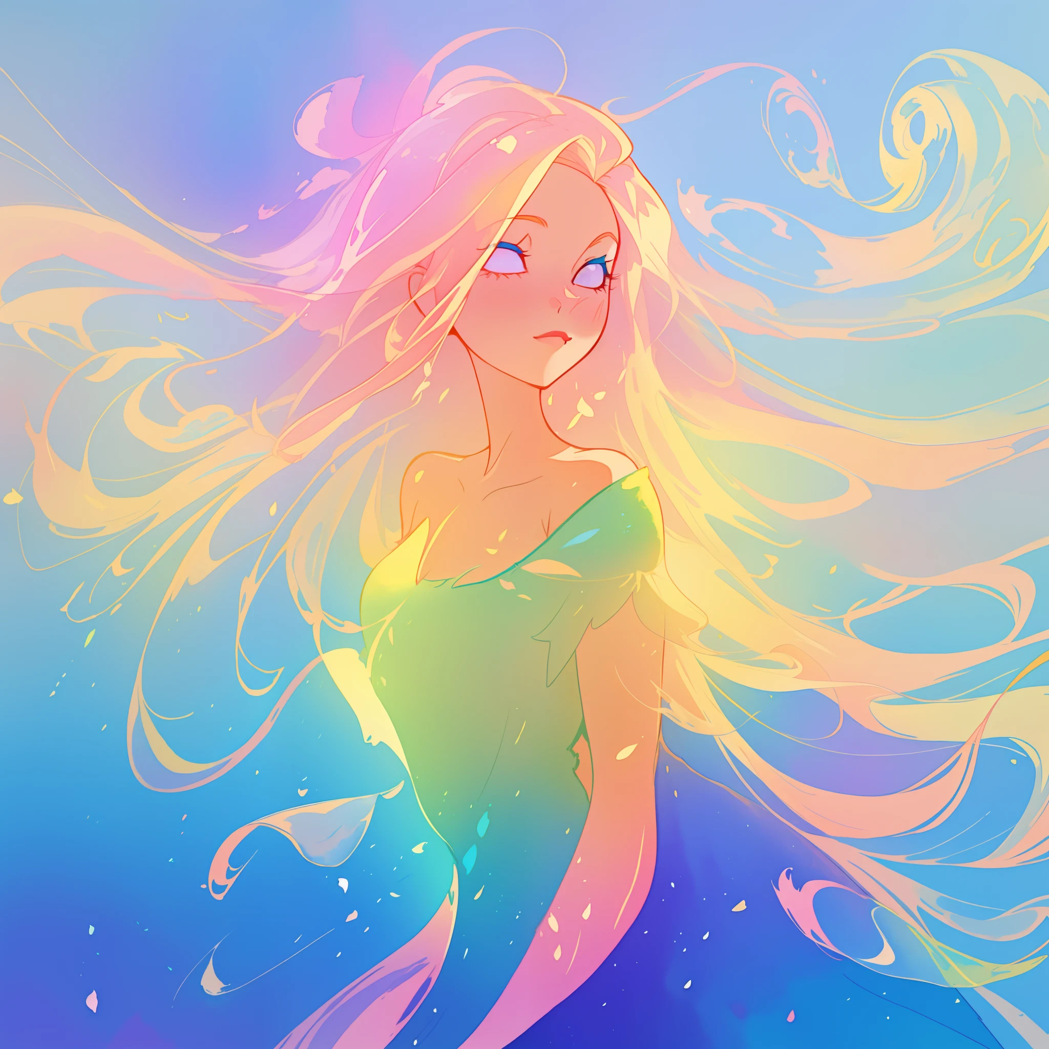 beautiful girl in ombre gradient dress, fairy dress, long golden pink hair, colorful watercolor background, watercolor illustration, inspired by Glen Keane, inspired by Lois van Baarle, disney art style, by Lois van Baarle, glowing aura around her, by Glen Keane, jen bartel, glowing lights! digital painting, flowing glowing hair, glowing flowing hair, beautiful digital illustration, fantasia otherworldly landscape plants flowers, beautiful, masterpiece, best quality, anime disney style