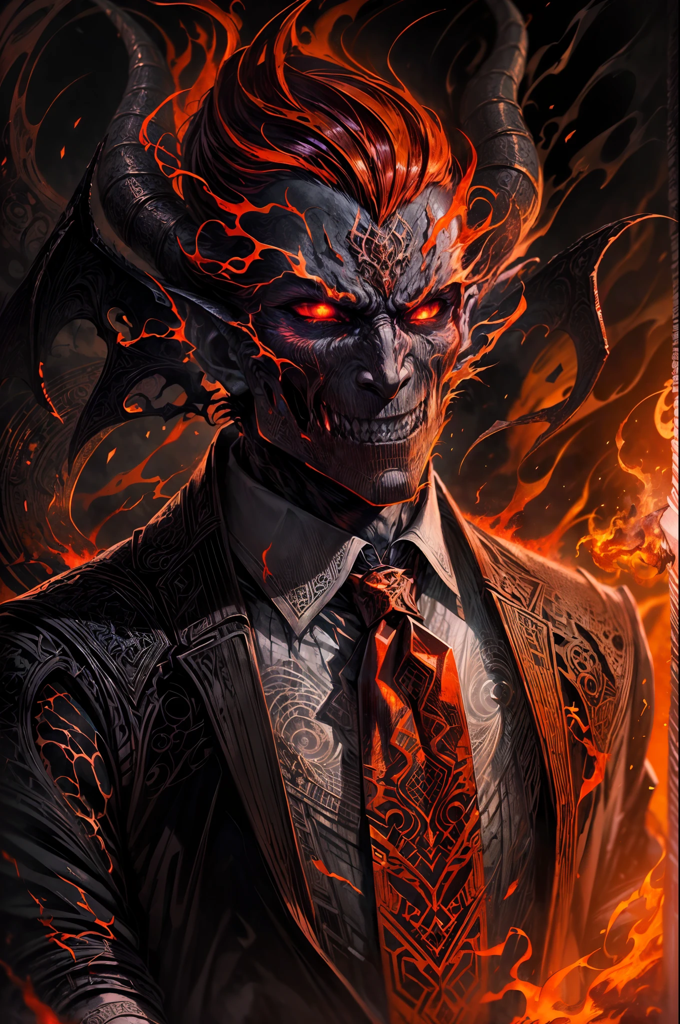 Image of a chaos burning devil dressed in a vest as a hellish business manager,calm expression, handsome red skin devil,(glowing eyes, intense flames, smoke, dark and fiery background), (oil painting, highres), (ominous atmosphere, intense heat), (sinister expression, powerful stance), (demonic aura, chaotic energy), (hellish colors, fiery red and orange), (dramatic lighting, shadows and highlights), (fine details, intricate textures), (mythical creature, supernatural), (surreal and captivating), (epic and terrifying), (nightmarish and awe-inspiring), (bold and dynamic), (magical realism), (sinister beauty), (descent into darkness).