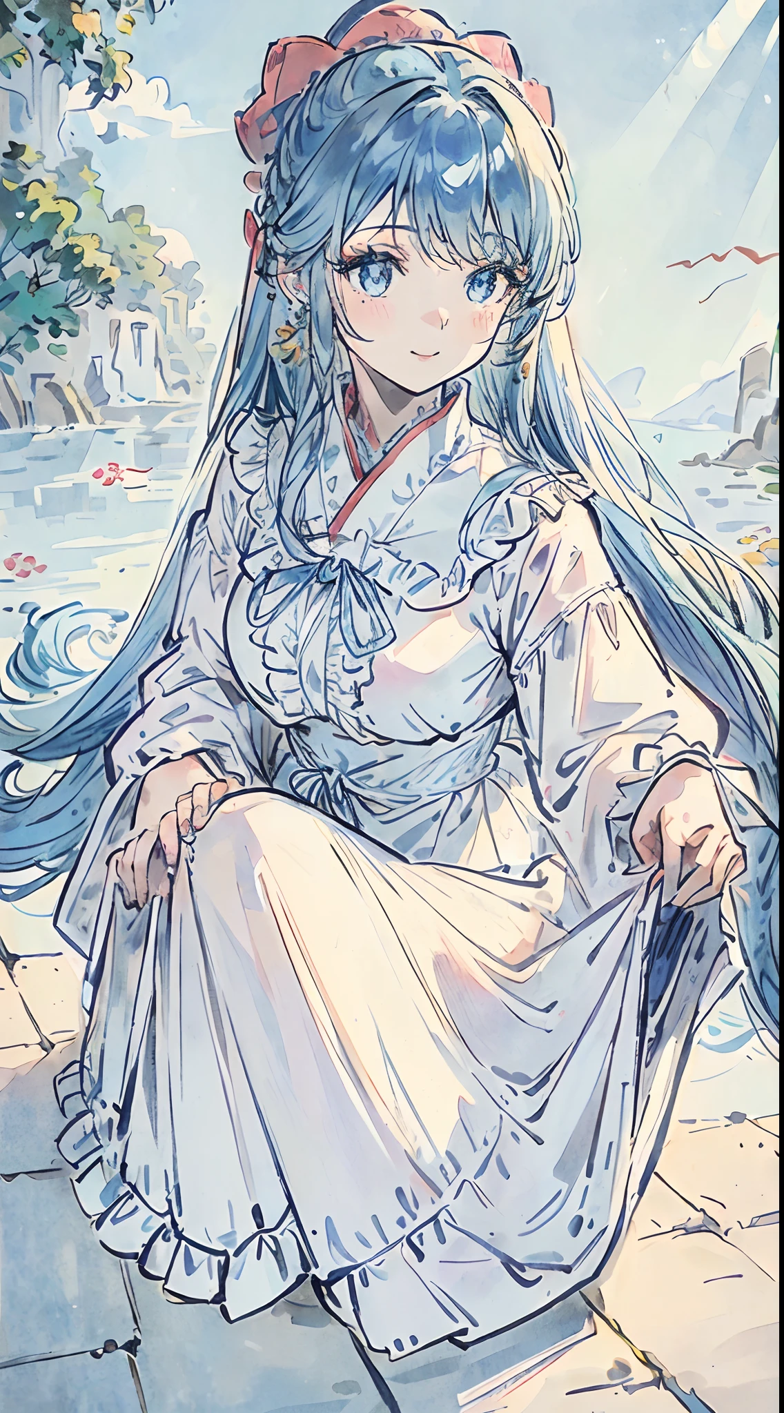(The skin is not exposed, Long sleeve blouse with ruffles), (Solo), Very cute girl (1), Colorful flowers in the landscape, England, sunlight shining through, ((Super Long Light Blue Hair, Tied hair Earring Color)), (Super smile), Dynamism, (Blue eyes), (kirakira) (Detail Objects)
