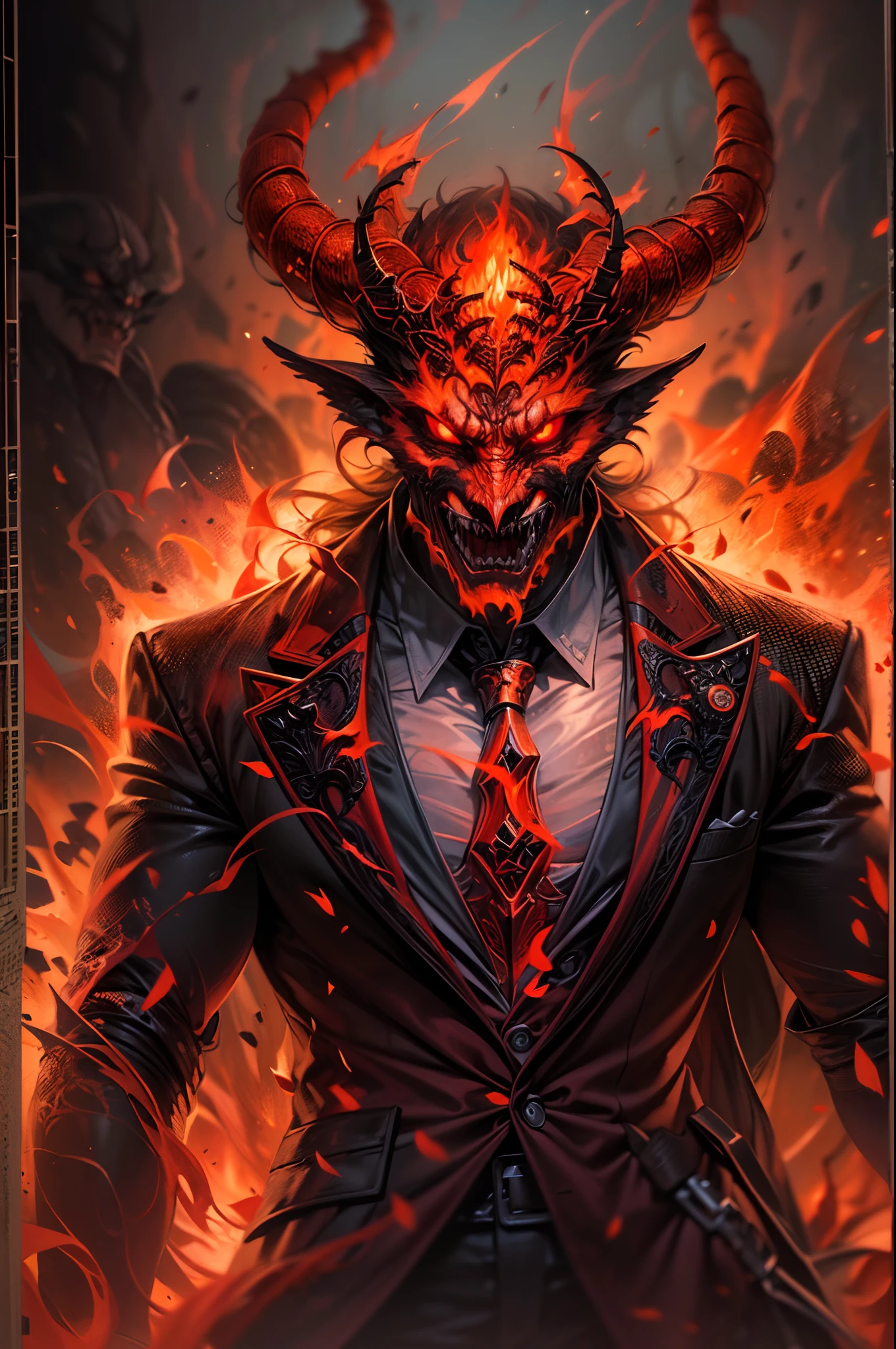 Image of a chaos burning devil dressed in a vest as a hellish business manager,calm expression, handsome red skin devil,(glowing eyes, intense flames, smoke, dark and fiery background), (oil painting, highres), (ominous atmosphere, intense heat), (sinister expression, powerful stance), (demonic aura, chaotic energy), (hellish colors, fiery red and orange), (dramatic lighting, shadows and highlights), (fine details, intricate textures), (mythical creature, supernatural), (surreal and captivating), (epic and terrifying), (nightmarish and awe-inspiring), (bold and dynamic), (magical realism), (sinister beauty), (descent into darkness).