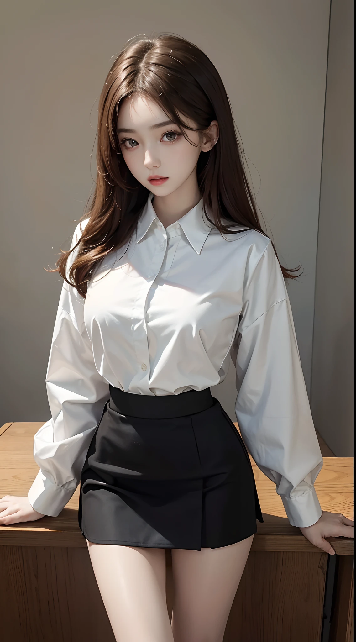 Best quality, masterpiece, photorealistic: 1:4, RAW photo, 1 girl ,Korean girl, pale skin, beautiful, double eyelid, perfect body figure, slim waist, Big breast 1:3, Caramel colour hair, White button shirt with upper button opened & Black skirt, shiny skins, office room, standing poses, full body photoshoot