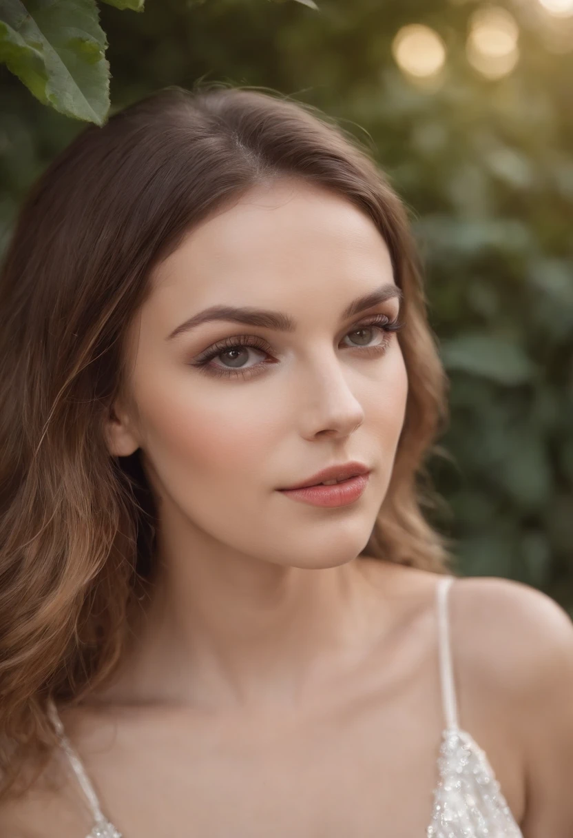 (best quality,Altas),(Realistic:1.37),Esposa,goodlooking,louro com luzes claras,Olhos azuis acinzentados detalhados,Detailed lips,sexy,atraente,elegante,cabelo ondulado,corpo em forma,Sensual expression,Standing in a garden,sorriso encantador,maquiagem macia,vivid colors,natural lighting,pintura de retrato,fundo bonito,bokeh borrado,Summer Breeze,fotografia