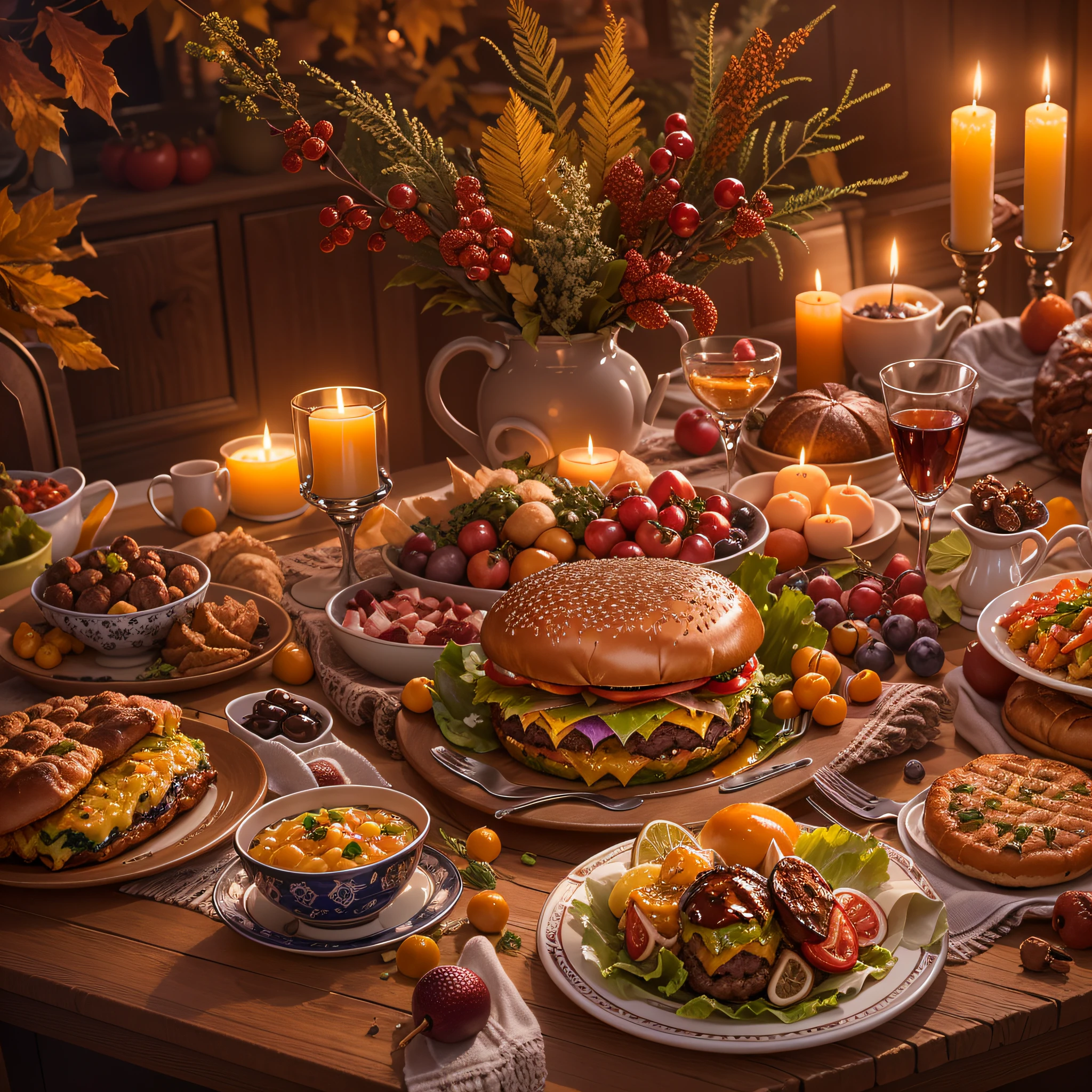 Traditional Thanksgiving dinner,Hamburgers are plentiful,Abundant food,Family gathering feast,festive and joyful vibes,Mouth-watering dishes,Rich side dishes,Carefully prepared dishes,Diverse flavors,Vibrant and colorful presentations,A mouth-watering aroma fills the room,Thoughtfully furnished table set-up,Warm and pleasant atmosphere,Loved ones laugh and share stories,A grateful heart and a grateful spirit,A celebration of harmony and joy,A feeling of unity and solidarity,Delicious homemade dessert,Delicious cuisine for everyone,A hearty and satisfying meal,Very happy to enjoy the feast,(Best quality,4K,8K,A high resolution,Masterpiece:1.2),Ultra-detailed,Realistic and mouthwatering visuals,hdr colors,Capture the vibrant hues of the festive atmosphere,Soft and warm lights illuminate the scene