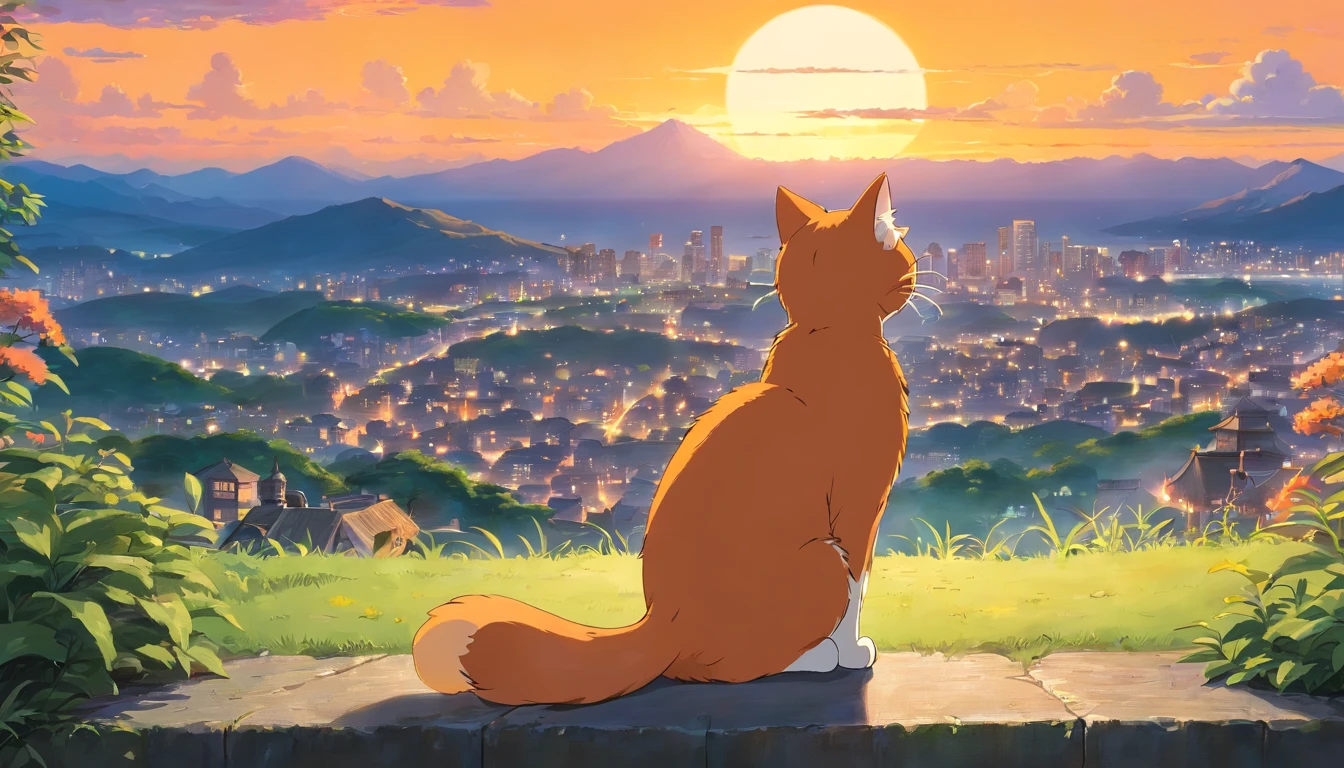 The orange cat sits and quietly watches the sunset