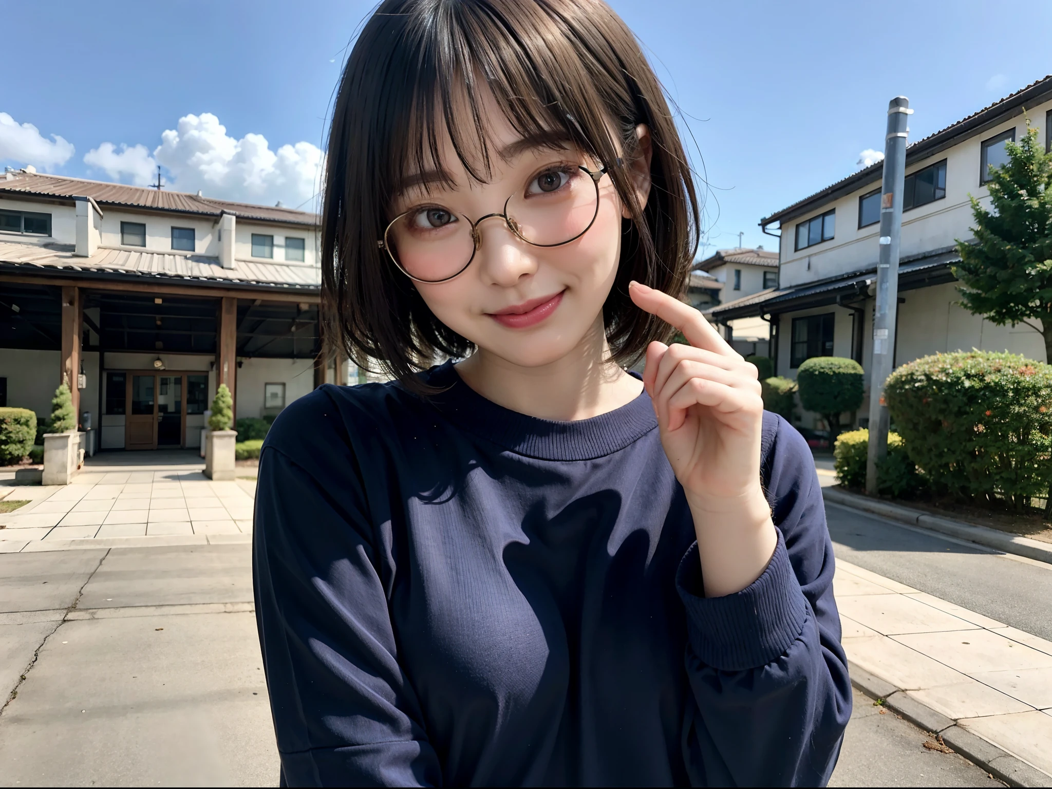 Woman posing in casual clothes、Street corner of Japan、top-quality、女の子 1 人、Small chest、tag、with light glowing、blur backgroun、Bokeh、outside of house、(Street:0.8)、Woman with glasses、Glasses with a thin frame、Round lens glasses、Thin golden glasses frame、Sweaters:1.5、Light blue sweater:1.2、Blue Dress:1.5)、Luxury(Short hair、Forehead:1.2)、Beautiful sky with details、(dynamicposes:1.2)、 (The upper part of the body:0.5)、Soft lighting、the wind、glowy skin、A smile、