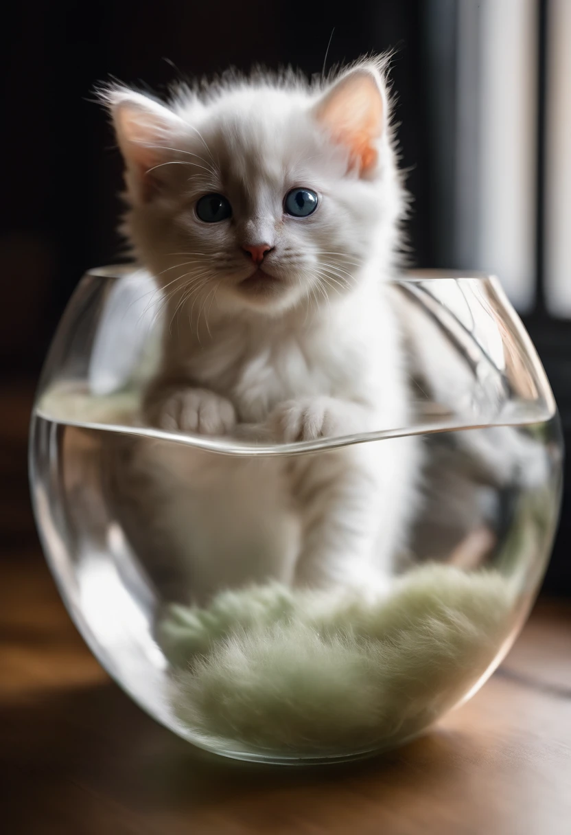 Photo of a curious white kitten with a mischievous glint in its eyes, sitting inside a transparent glass bowl. The room's ambient light highlights its fluffy fur and the unique pattern of its tail curled around its body.