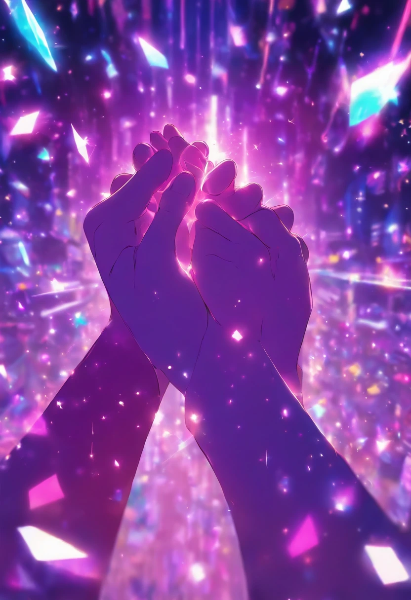 Two pale hands holding purple kpop background pink sparkles towards the camera