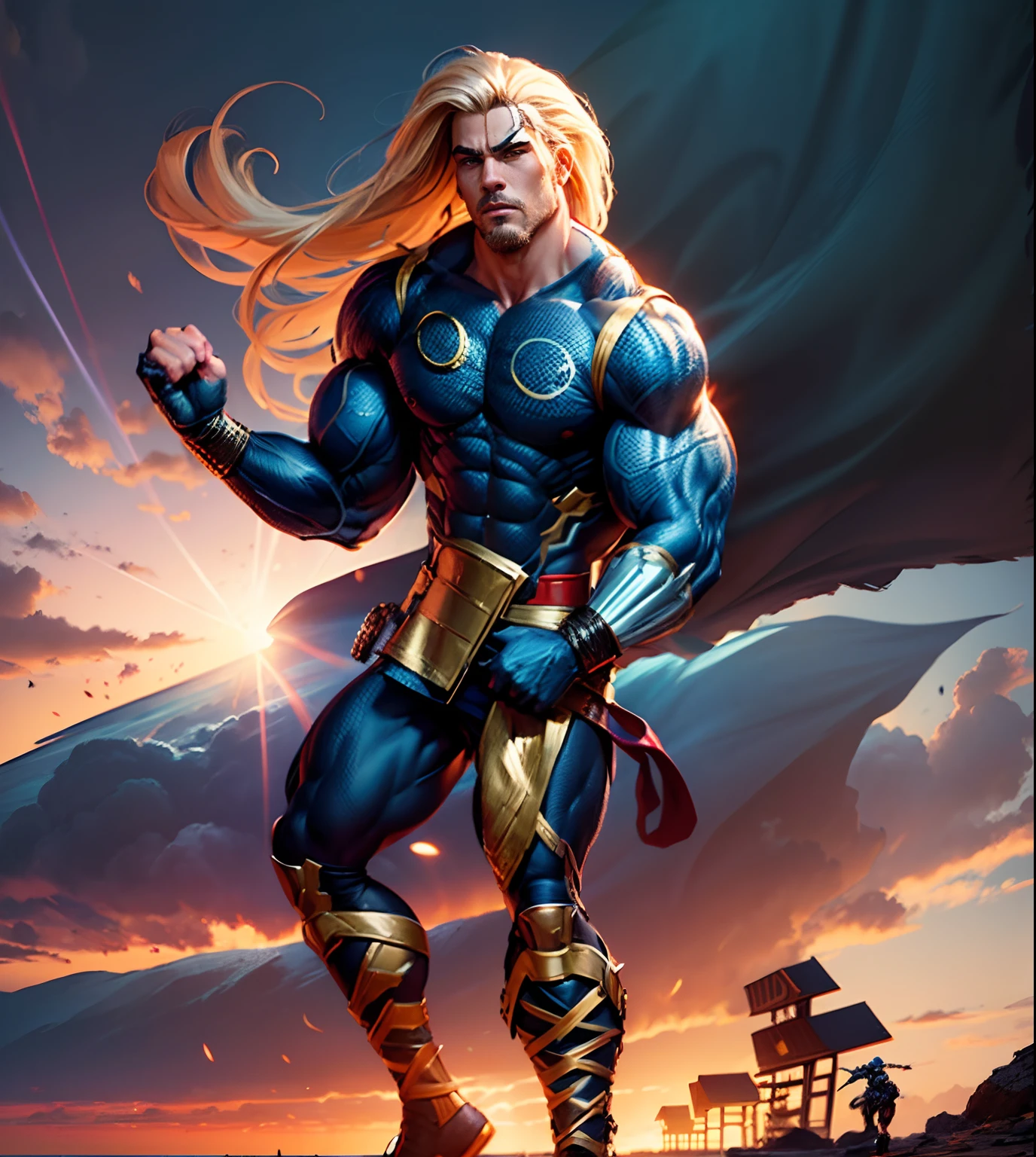 masterpiece, high quality images, high detailed images, high quality faces, perfect faces, um desenho realista de um homem loiro,pele caucasiana, Exposed muscular arms, black pant,colete preto no torso musculoso, botas douradas com tiras de couro,  olhos azuis, cabelos loiros compridos, segurando um martelo, Mjonir,  inspirado por Gary Frank  pose masculina heroica, THOR Portrait of the God of Thunder, inspirado em John Romita Jr, muscular male hero, David Baldeon Arte em quadrinhos, inspirado em Zoltan Boros, inspirado em Paul Pelletier, muscular character, Fantastic art scenery, RPG, 8K