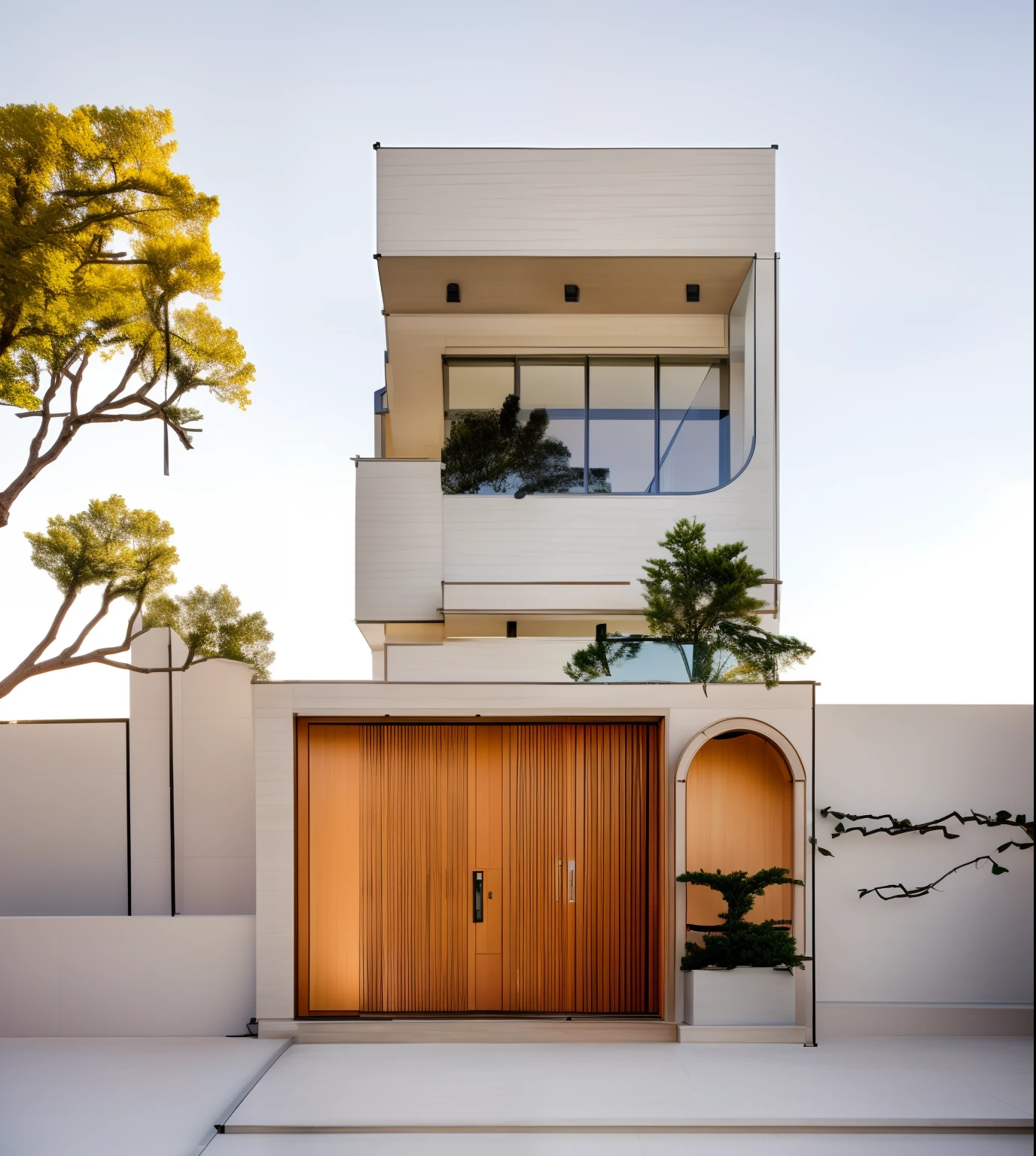An extremely high quality and sharp house model. There is a modern house, brick fence, front and surrounding lawn, paved walkway. Modern design style. Sky at night: 0.8, light yellow indoor lights: 0.85, shimmering skylight, romantic, Beautifully colored trees: 0.8, realistic, the car next to it is red, the door Xingfa aluminum glass windows, Xingfa aluminum glass doors, some walls can be paneled with wood, the walkway to the main house is paved with marble