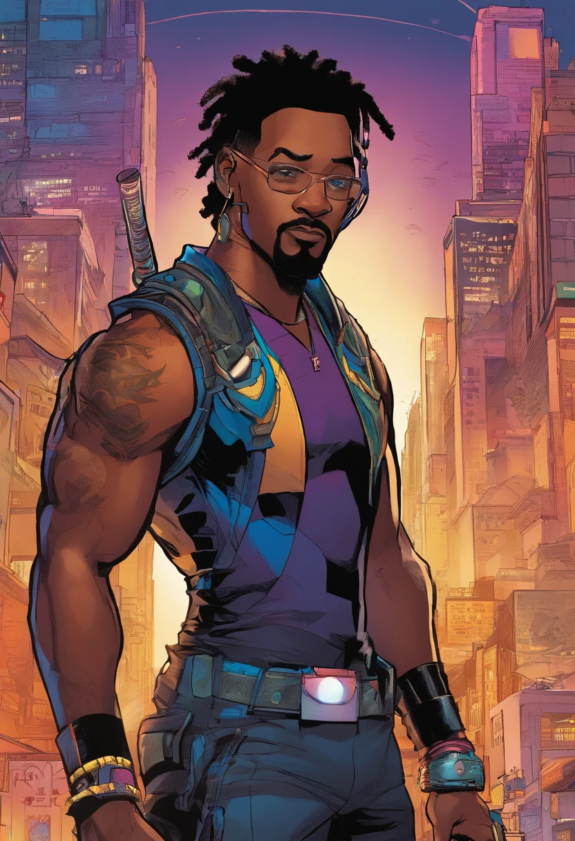 Marvel Comic Panel, a close up of a person with dreadlocks and (( wearing a cyberpunk costume )), Miles Morales, Spider-Man poses, Miles Morales, Spider Man poses, dark-skinned, Nerdy Black Boy Super Cyberpunk Hero, spiky black hair and dark skin, Chris Bachalo, Profile photo, Director: Ryan Stegman, dark skin, Spider-Man, Portrait of Will Smith