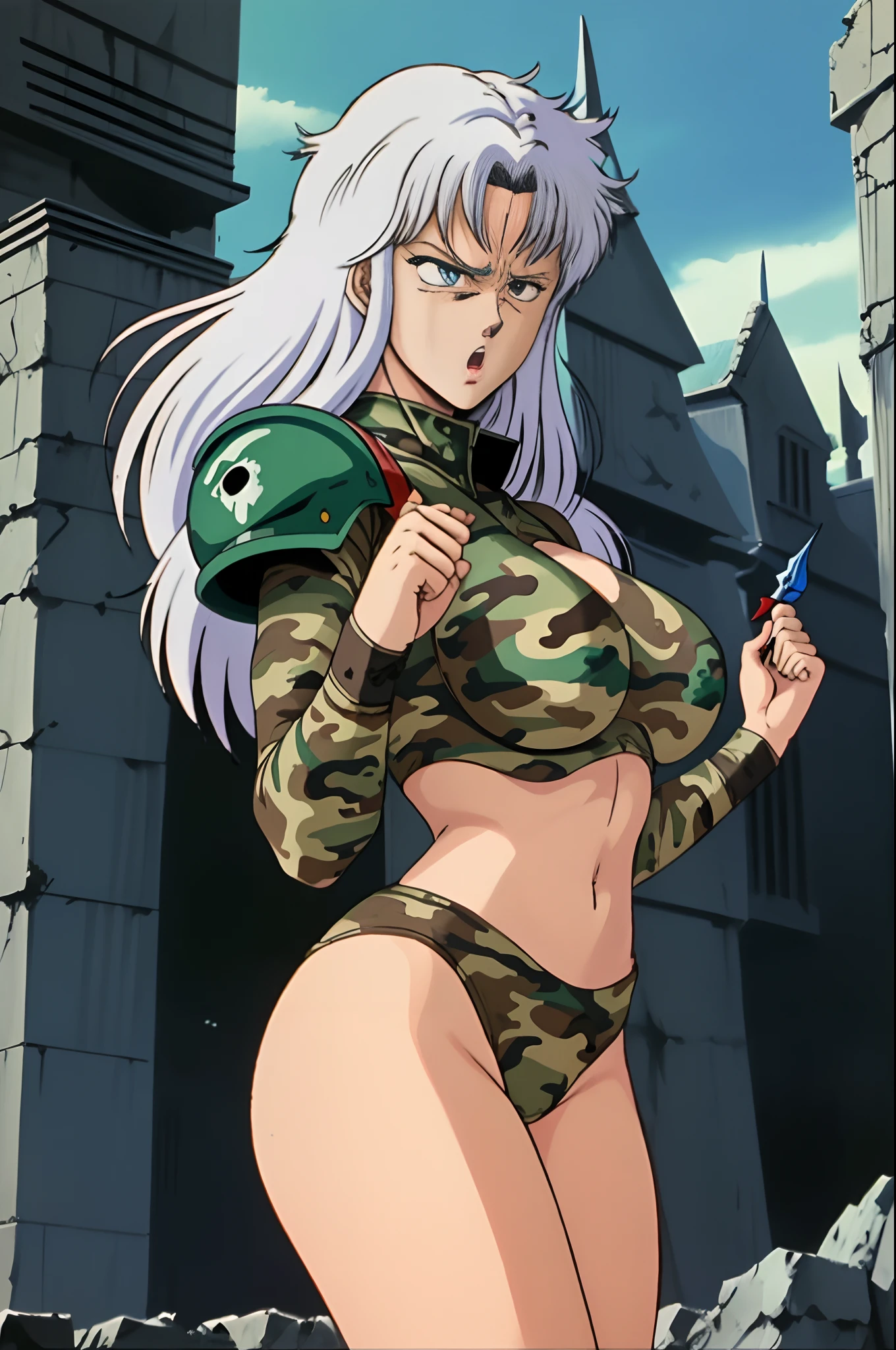 1girl as female in camouflage suit armor, holding dagger, white hair, torso shot, hands in the air,  large breasts,  long hair, front view, shortstackBT, looking angry, in HNKstyle, 80's anime