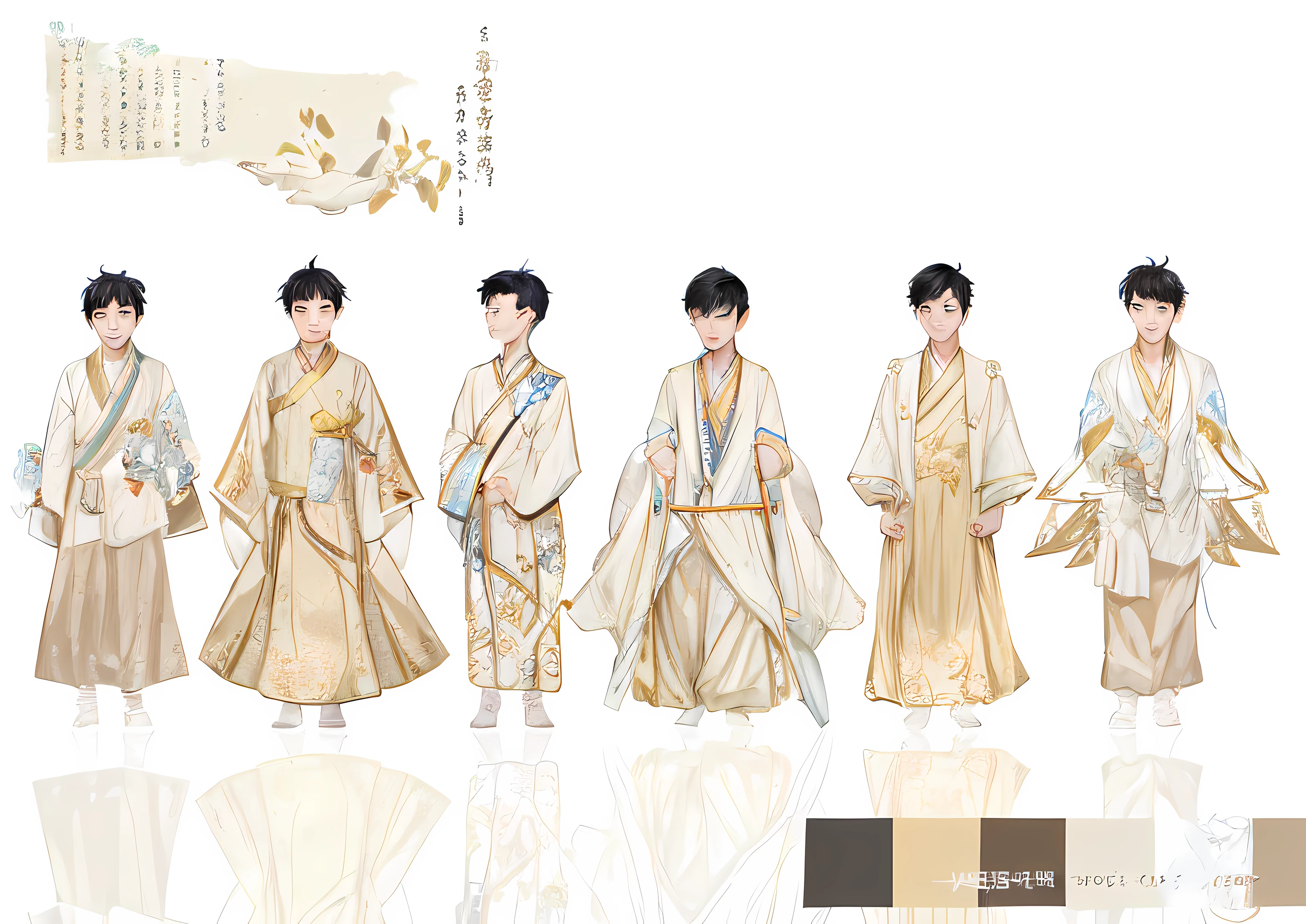 Close-up of a group of people dressed in traditional clothing, Traditional Chinese clothing, clothing design, Wearing ancient Chinese clothes, Robe with blue characters, Inspired by Zhang Han, Blue Hanfu, concept art of single boy, inspired by Huang Gongwang, costume design made with love, Blue cloth robe, Inspired by Tang Yifen, each wearing correct era clothes