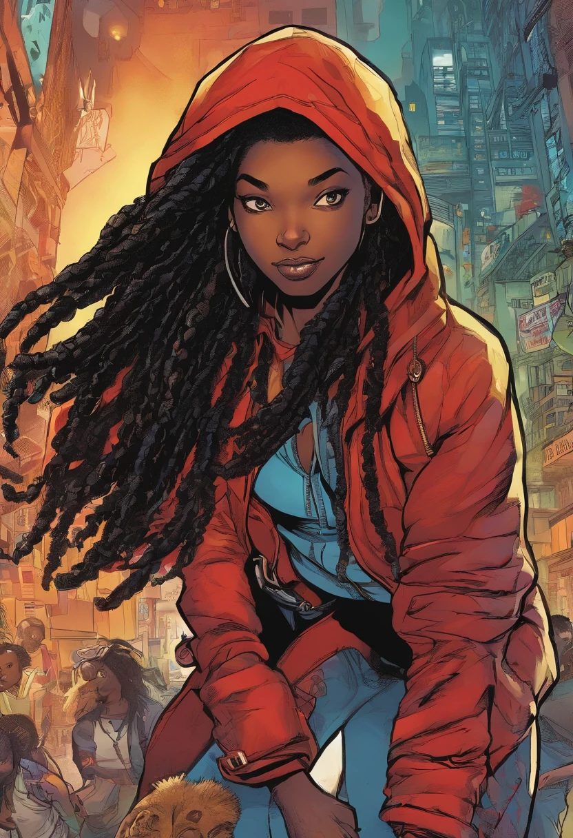 um close up de uma pessoa com dreadlocks e uma fantasia cyberpunk, Miles Morales, ( ( Mulher-Aranha ) ), Miles Morales!!!, Mulher Aranha, de pele escura, nerdy black girl super hero, cabelo preto espetado e pele escura, Chris Bachalo, foto de perfil, Diretor: Ryan Stegman, pele escura, Mulher-Aranha!!!!!, Retrato de Willow Smith