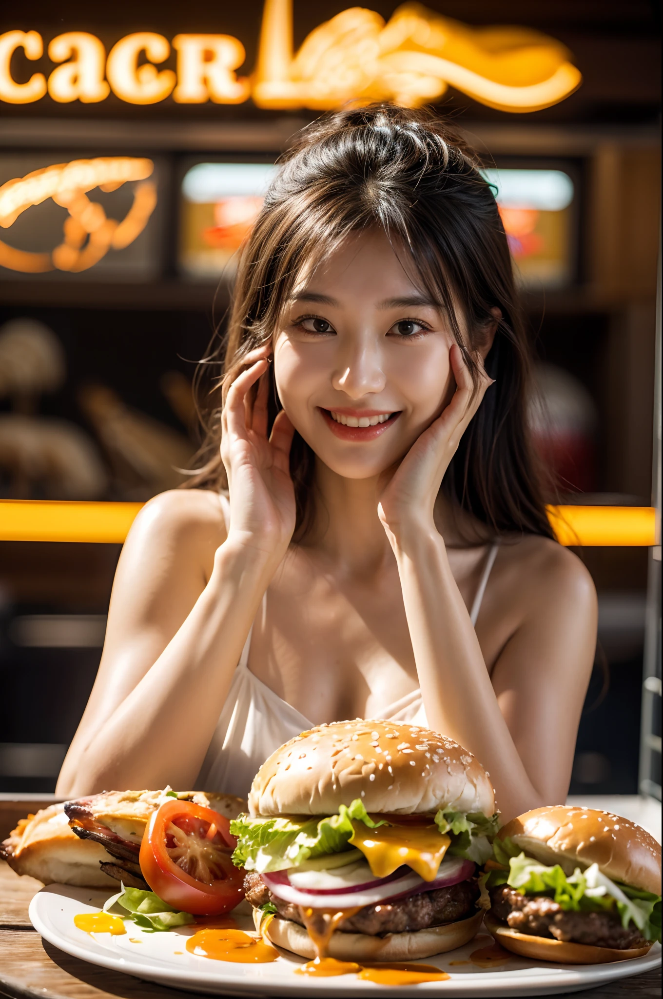 (Best quality,4K,8K,A high resolution,Masterpiece:1.2),Ultra-detailed,(Realistic,Photorealistic,photo-realistic:1.37),seafood,citizens,Giant burger,Multi-layer burger, A girl who enjoys a seafood feast and indulges in a variety of mouthwatering burgers, Sparkling ocean background, The warm golden sun casts soft shadows on the girl's face and food. The girl's vibrant eyes lit up excitedly，She bites into a juicy crab leg，Taste its rich taste. A selection of freshly caught lobsters is set on the table, Juicy shrimp, and plump oysters, Beautifully arranged on an ice bed. hamburger, Towering over layers of juicy beef patties, Crispy lettuce, Ripe tomatoes, melted cheese, and delicious sauce, It's a sight worth seeing. The aroma of grilled meat fills the air, Tempt anyone passing by. Every bite of burger is a flavor, Make girls crave more. Suddenly, She took a bite of the huge burger, Layers towering above her, Her eyes widened in surprise. The girl's happy laughter blends with the sound of the waves crashing, Create a symphony of joy. The entire scene is captured with attention to detail, From the sparkling texture of seafood to the realistic colors of burgers. The lights highlight the bright colors of the food, Make them look more appetizing. This masterpiece of painting brings to life the pleasant experience of indulging in a seafood and burger feast, Let the audience crave their own gastronomic adventure.