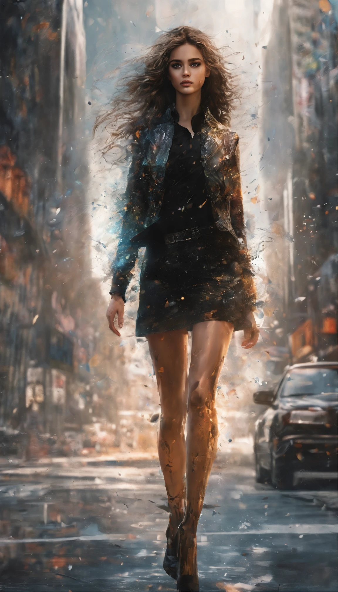 Perfect centralization, Fantastic Particles, rapture, Standing position, abstract beauty, Downtown, looking at the camera, facing the camera, On the way to perfection, dynamic, higly detailed, Smooth, Sharp focus, 8K, hight resolution, illustartion, art by Carne Griffiths and Wadim Kashin, Background with crisp strokes, Background with fragment color, tons vívídos, Ink Nebula Background, 17-year-old girl with sexy appearance, Honey-colored eyes, Brunette hair color, Long & Beautiful, Fantastic Short Black Skirt, Athletic Body Shape, extreme hight detail,Scattered particles