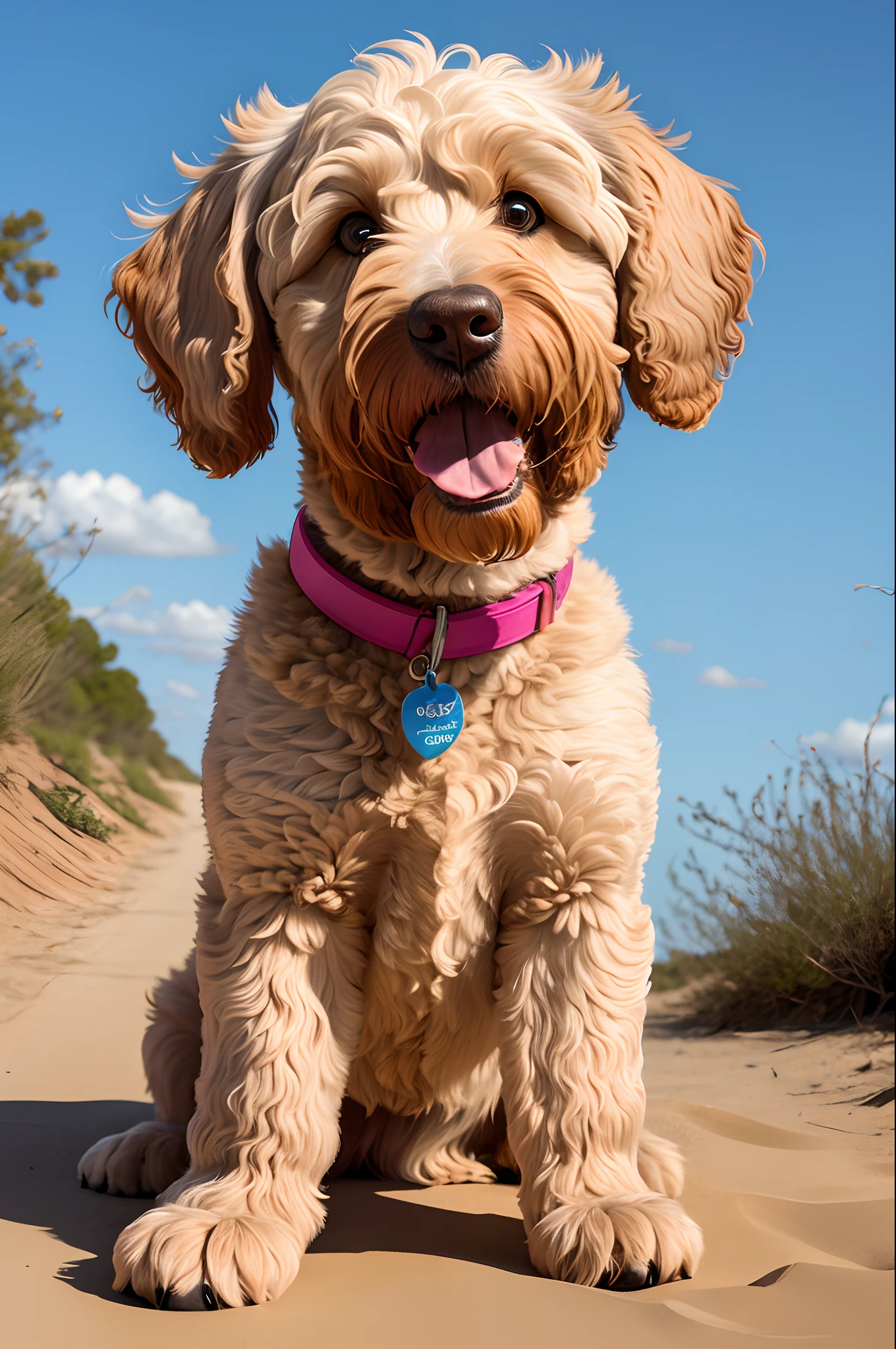 Sandy coloured Labradoodle dog posing like on a Pixar style movie 3D poster. The dog is smiling and wearing a collar