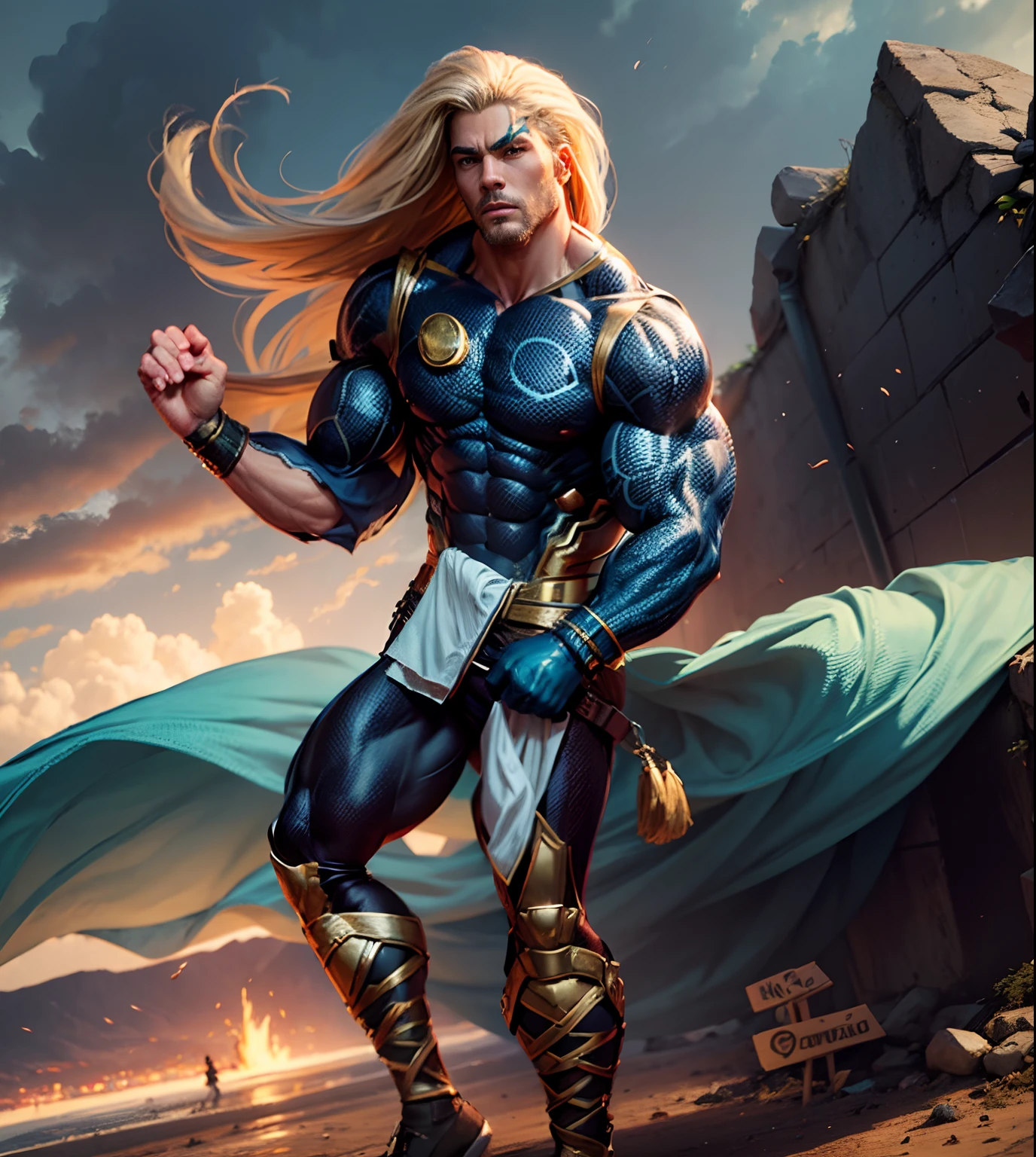 Create a Lion-Like Man, de terno azul, com terno colado, gravata desalinhada, fundo celestial, galaxy, camisa colada transparente corpo trincado