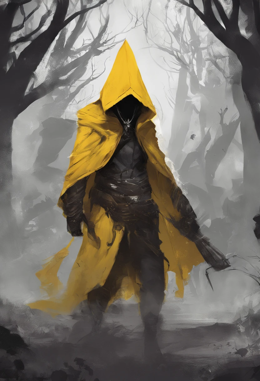 Visual novel, person in a hood, fantasy, dnd, lovecraftian, yellow hood,