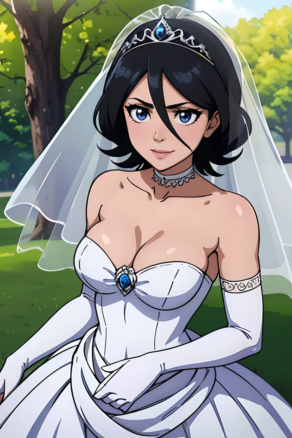 1girl hair between eyes, ahoge, blue eyes,black hair, star \(symbol\), hair ornament, dress, cleavage, bare shoulders, collarbone, long white elbow gloves, white gloves, white dress, white choker, strapless, tiara, veil, strapless dress, wedding dress, bridal veil, beautiful woman, perfect body, perfect breasts, wearing a wedding dress, ball gown, in the park trees, wedding decorations, a in love smile, realism, masterpiece, textured skin, super detail, high detail, high quality, best quality, 1080p, 16k