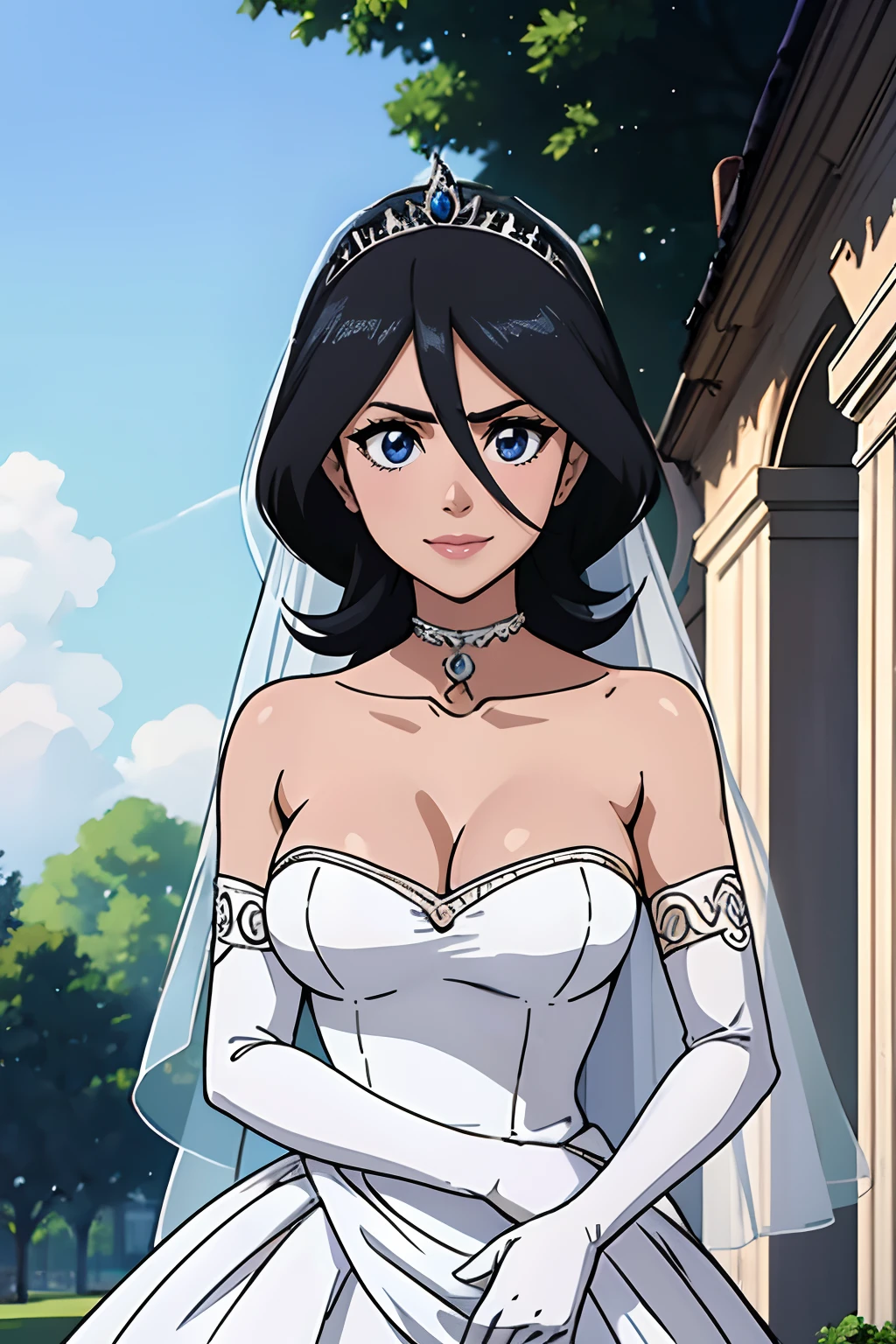 1girl hair between eyes, ahoge, blue eyes,black hair, star \(symbol\), hair ornament, dress, cleavage, bare shoulders, collarbone, long white elbow gloves, white gloves, white dress, white choker, strapless, tiara, veil, strapless dress, wedding dress, bridal veil, beautiful woman, perfect body, perfect breasts, wearing a wedding dress, ball gown, in the park trees, wedding decorations, a in love smile, realism, masterpiece, textured skin, super detail, high detail, high quality, best quality, 1080p, 16k