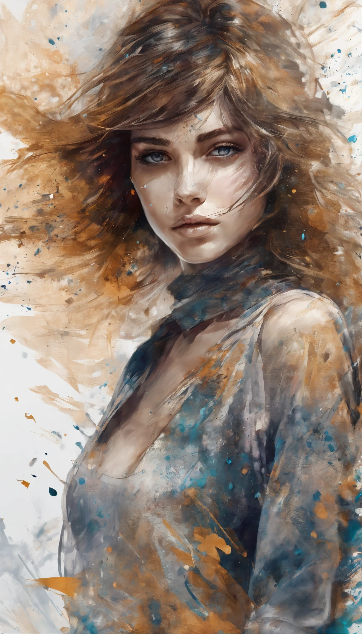 Perfect centralization, Fantastic Particles, rapture, Standing position, abstract beauty, Downtown, looking at the camera, facing the camera, On the way to perfection, dynamic, higly detailed, Smooth, Sharp focus, 8K, hight resolution, illustartion, art by Carne Griffiths and Wadim Kashin, Background with crisp strokes, Background with fragment color, tons vívídos, Ink Nebula Background, -yeld giwith sexy appearance, Honey-colored eyes, Brunette hair color, Long & Beautiful, Fantastic Short Black Skirt, Athletic Body Shape, extreme hight detail,Scattered particles