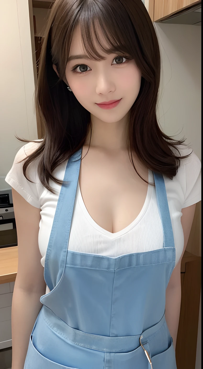 (Best quality, 8k, masterpiece: 1.3), a beautiful woman with perfect figure: 1.4, dark brown hair, wearing a pendant, wearing an apron, in the kitchen, highly detailed face and skin, detailed eyes, double eyelids, big breasts, smile