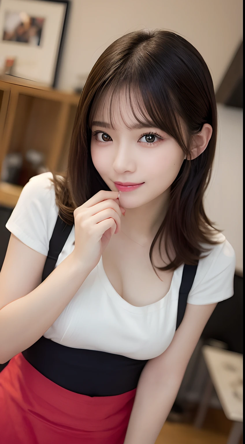 masutepiece, Best Quality, Illustration, Ultra-detailed, finely detail, hight resolution, 8K Wallpaper, Perfect dynamic composition, Beautiful detailed eyes, Tight Mini,Medium Hair,small tits,Natural Color Lip, Randomly sexy poses,kitchin、20 years girl、Cute、Sexy shot looking at camera,Apron,Perfect, Beautiful and cute face,ssmile