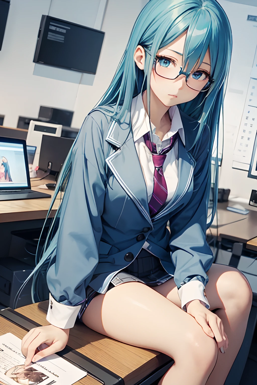 ahegao (fucked silly / sexual ecstasy)、sit on a chair, cross one's legs、eye glass、top-quality, Photorealistic, An ultra-fine illustrations, beautiful attractive anime girl, miku hatsune, Slender body, Tied hair, one girls, a photo of girl, Full body shot, Beautiful blue eyes, Turned, in a office、Sitting at your desk、Women's Suits、