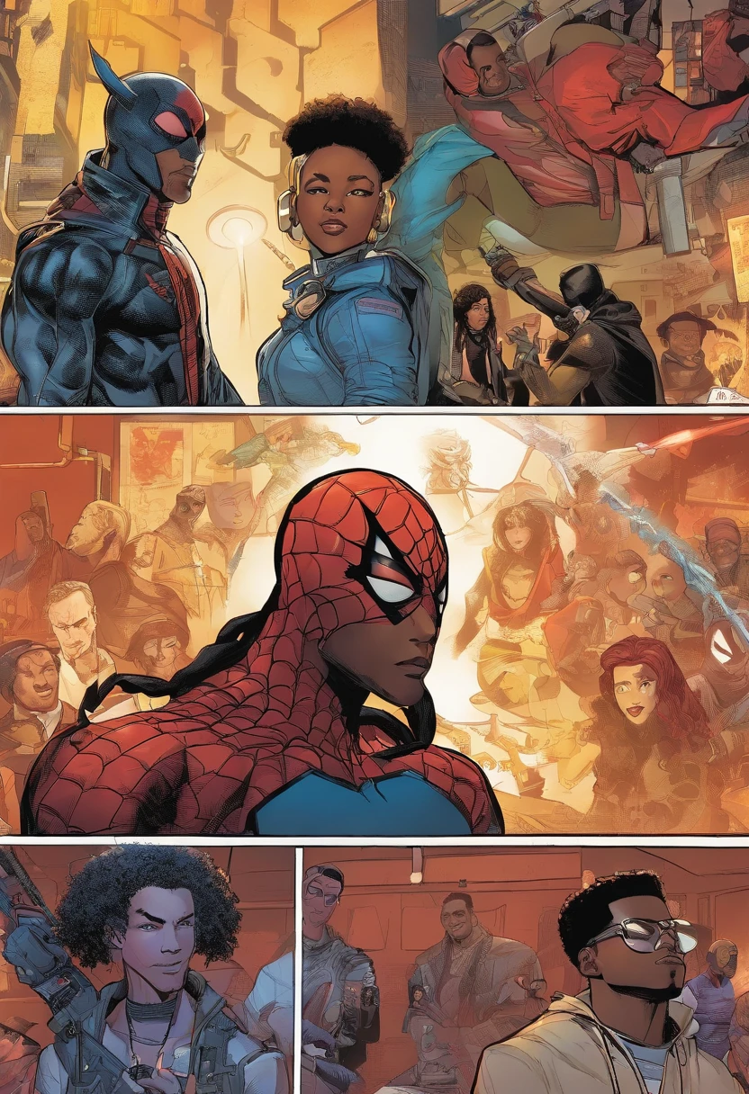 Painel de quadrinhos da Marvel, um close up de uma pessoa com dreadlocks e (( vestindo uma fantasia cyberpunk )), Miles Morales, Poses do Homem-Aranha, Miles Morales, Poses do Homem-Aranha, de pele escura, Nerd Black Boy Super Cyberpunk Hero, cabelo preto espetado e pele escura, Chris Bachalo, foto de perfil, Diretor: Ryan Stegman, pele escura, Homem-Aranha, retrato de Phoenix from Valorant!!!