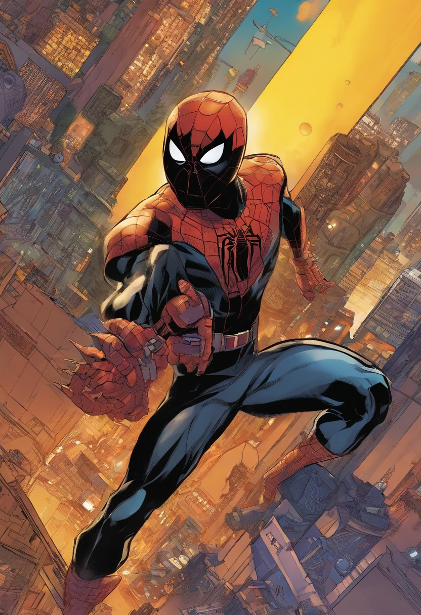 Painel de quadrinhos da Marvel, um close up de uma pessoa com dreadlocks e (( vestindo uma fantasia cyberpunk )), Miles Morales, Poses do Homem-Aranha, Miles Morales, Poses do Homem-Aranha, de pele escura, Nerd Black Boy Super Cyberpunk Hero, cabelo preto espetado e pele escura, Chris Bachalo, foto de perfil, Diretor: Ryan Stegman, pele escura, Homem-Aranha, retrato de Phoenix from Valorant!!!