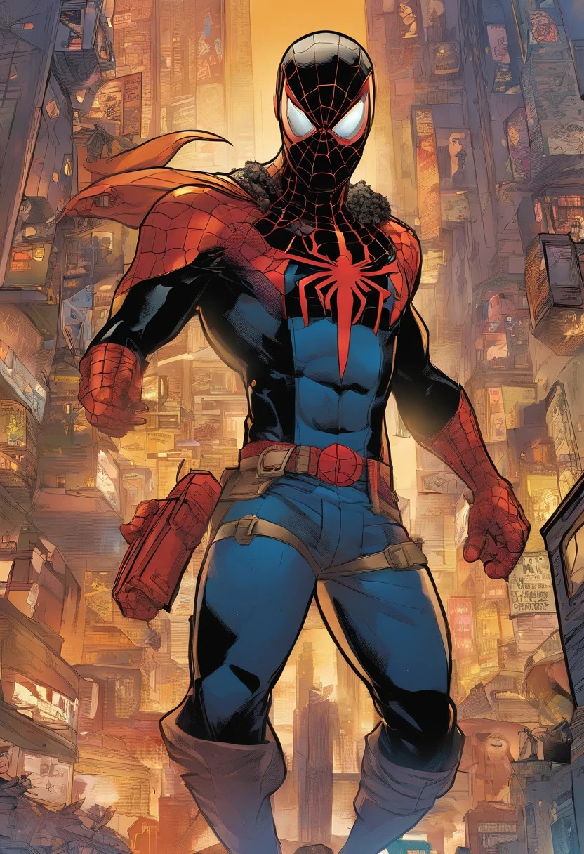 Painel de quadrinhos da Marvel, um close up de uma pessoa com dreadlocks e (( vestindo uma fantasia cyberpunk )), Miles Morales, Poses do Homem-Aranha, Miles Morales, Poses do Homem-Aranha, de pele escura, Nerd Black Boy Super Cyberpunk Hero, cabelo preto espetado e pele escura, Chris Bachalo, foto de perfil, Diretor: Ryan Stegman, pele escura, Homem-Aranha, retrato de Phoenix from Valorant!!!
