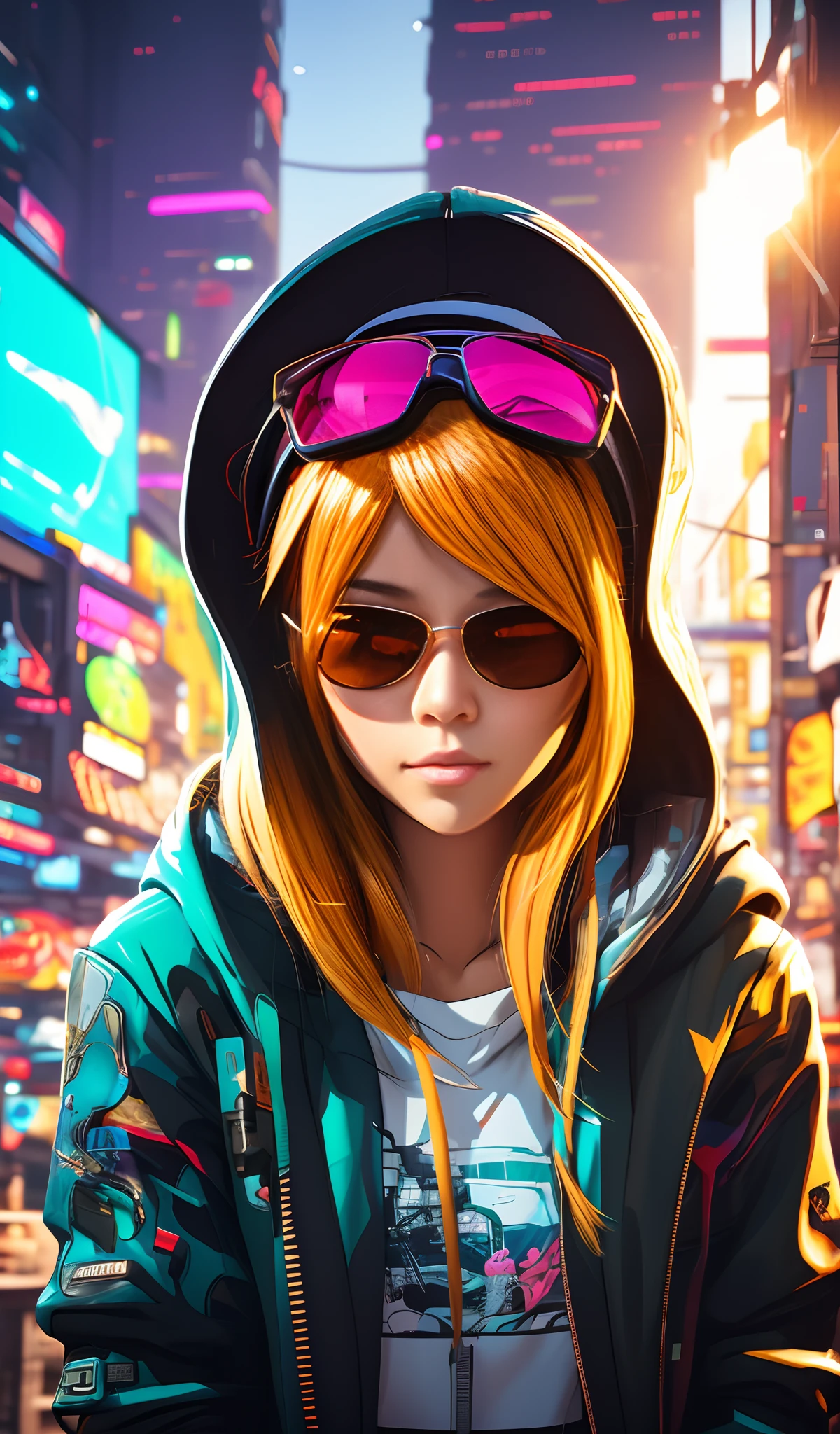 a close up of a person with a hoodie and sunglasses, artwork in the style of guweiz, rossdraws cartoon vibrant, cyberpunk anime girl in hoodie, :: rossdraws, cyberpunk 2077 rossdraws, rossdraws 2. 0, rossdraws 1. 0, beautiful cyberpunk girl face, rossdraws | afrofuturism, cyberpunk anime art, cyberpunk art style