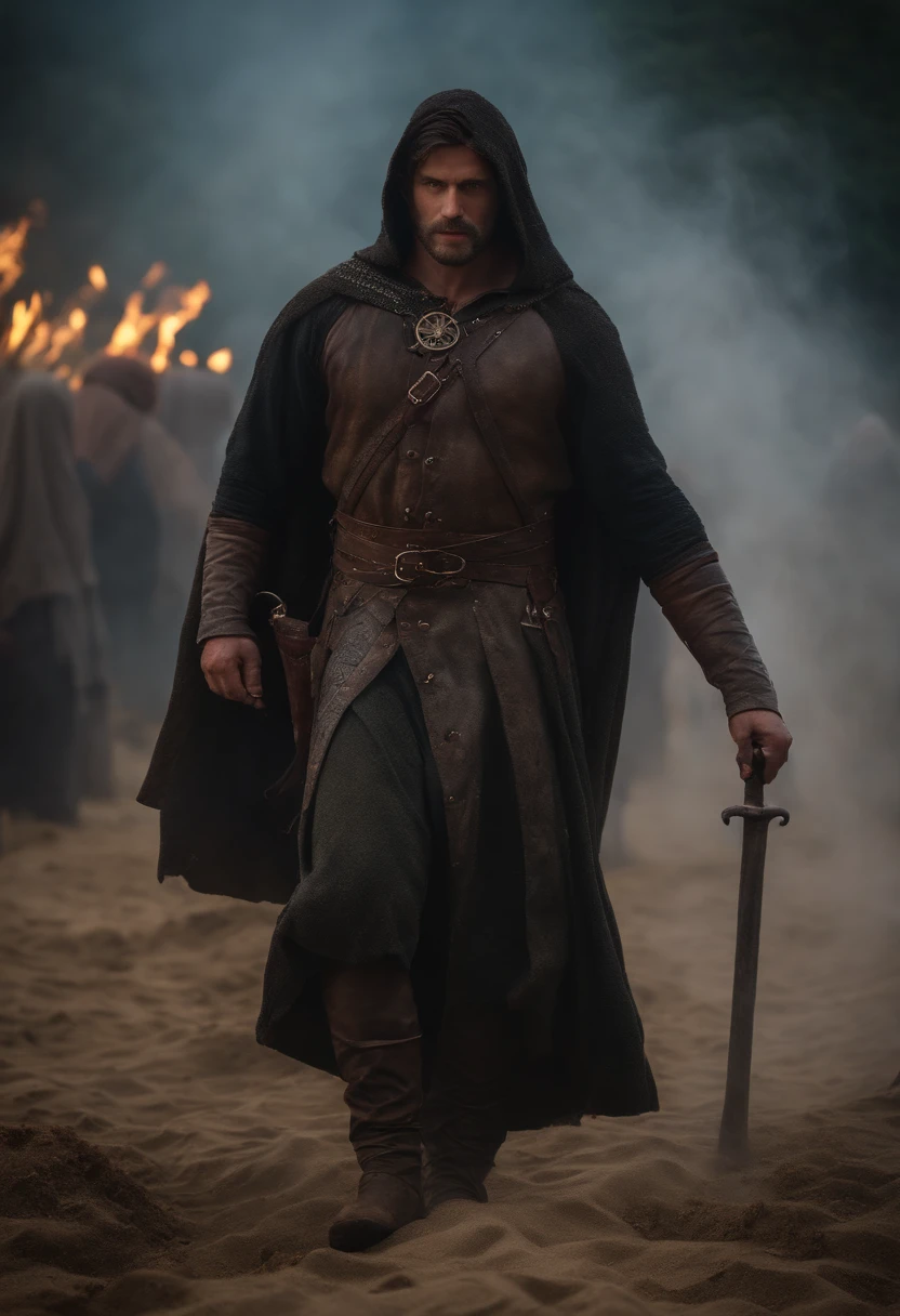 HD masterpiece, top-quality, high resolution, 4K, Medieval, (((Male, 30 years old))), Strong Face Features, sin camisa, ((pot-bellied)) Walking in the autumn sand. There is steam, Bulky mist, Nuit, Frost, Background: Pentagram