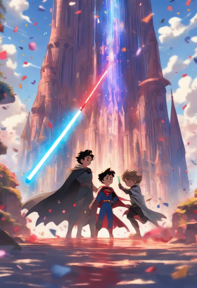Two young boys playing with Jedi lightsabers, one wearing a Batman symbol shirt and using a blue lightsaber, and the other wearing a Superman symbol shirt and using a red lightsaber. In the background, a landscape with a sky in shades of blue and wine with a castle made of playing cards and two towers, and in the window of the right tower a princess throwing confetti, while in the left tower there is a shadow with a wide smile and yellow eyes.