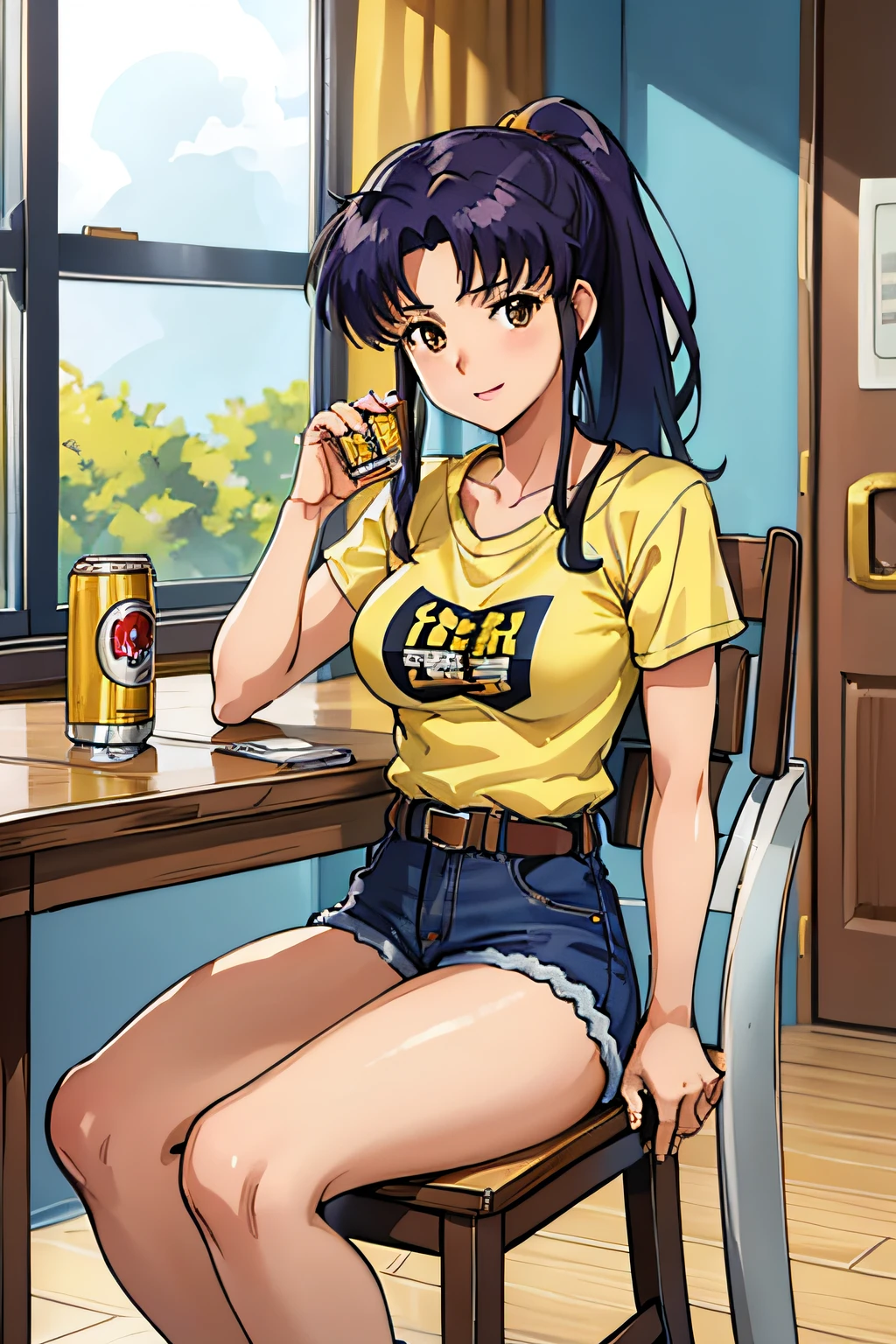 (masterpiece),(best quality), katsuragi misato, brown eyes, ponytail, yellow t-shirt, denim shorts, belt, table, chair, sitting, can, beer can, windows,