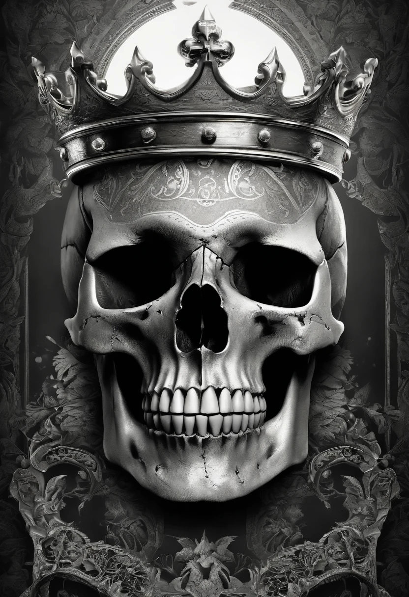 Human skull wearing a crown, death to kings and tyrants written above and below in fancy script, monochrome, Biomechanical, eerie, Creepy, nightmarish, Mshiff, wallpaper art, UHD wallpaper