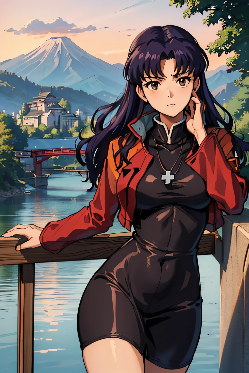 (masterpiece),(best quality), katsuragi misato, black dress, brown eyes,  cross necklace, high collar dress,  red jacket, on a bridge, close, outside, japanese castle far away, lake, persistent stare, sharp eyes, mountains,