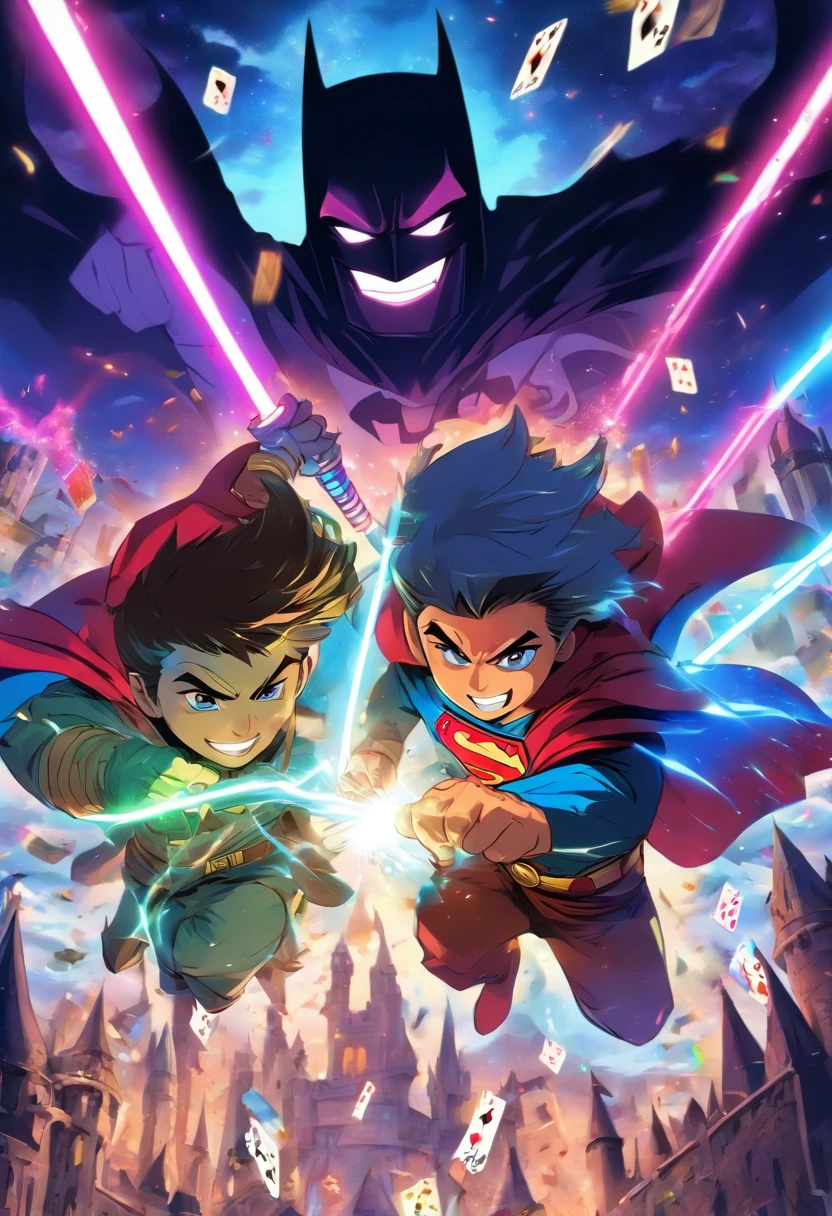 Dois s brincando com sabres de luz Jedi, one wearing a shirt symbolized by Batman and using a blue lightsaber, and the other wearing a Superman shirt and using a red lightsaber. In the background, A landscape with a sky in shades of blue and wine with a castle made of playing cards and two towers, e na janela da torre direita uma princesa jogando confetes, while in the left tower there is a shadow with a wide smile and yellow eyes.