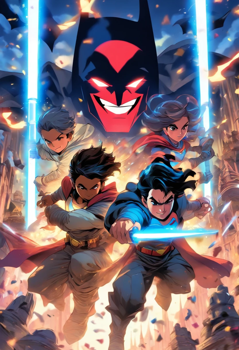 Dois meninos brincando com sabres de luz Jedi, one wearing a shirt symbolized by Batman and using a blue lightsaber, and the other wearing a Superman shirt and using a red lightsaber. In the background, A landscape with a sky in shades of blue and wine with a castle made of playing cards and two towers, e na janela da torre direita uma princesa jogando confetes, while in the left tower there is a shadow with a wide smile and yellow eyes.