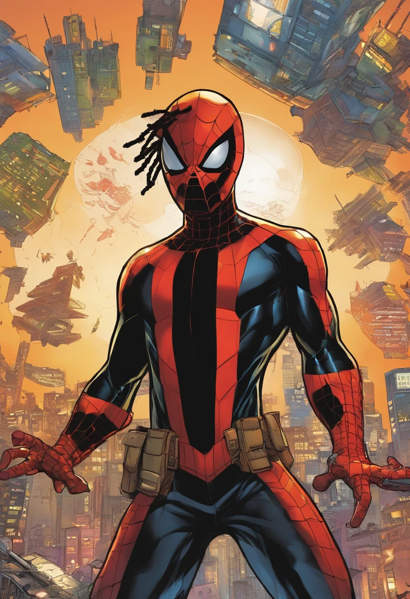 Painel de quadrinhos da Marvel, um close up de uma pessoa com dreadlocks e (( vestindo uma fantasia cyberpunk )), Miles Morales, Poses do Homem-Aranha, Miles Morales, Poses do Homem-Aranha, de pele escura, Nerd Black Boy Super Cyberpunk Hero, cabelo preto espetado e pele escura, Chris Bachalo, foto de perfil, Diretor: Ryan Stegman, pele escura, Homem-Aranha poses, Black Boy